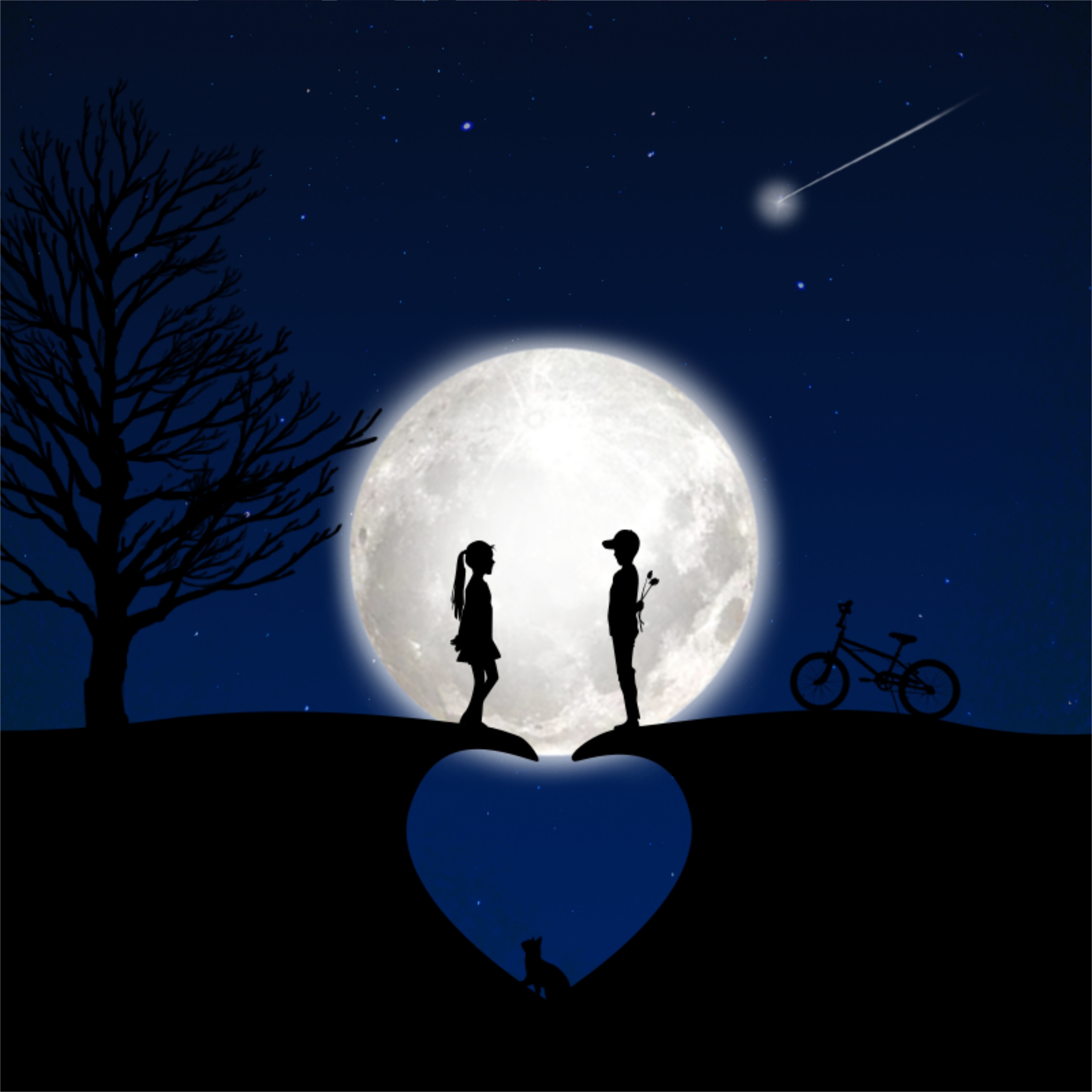 love, romance, moon, silhouettes, children