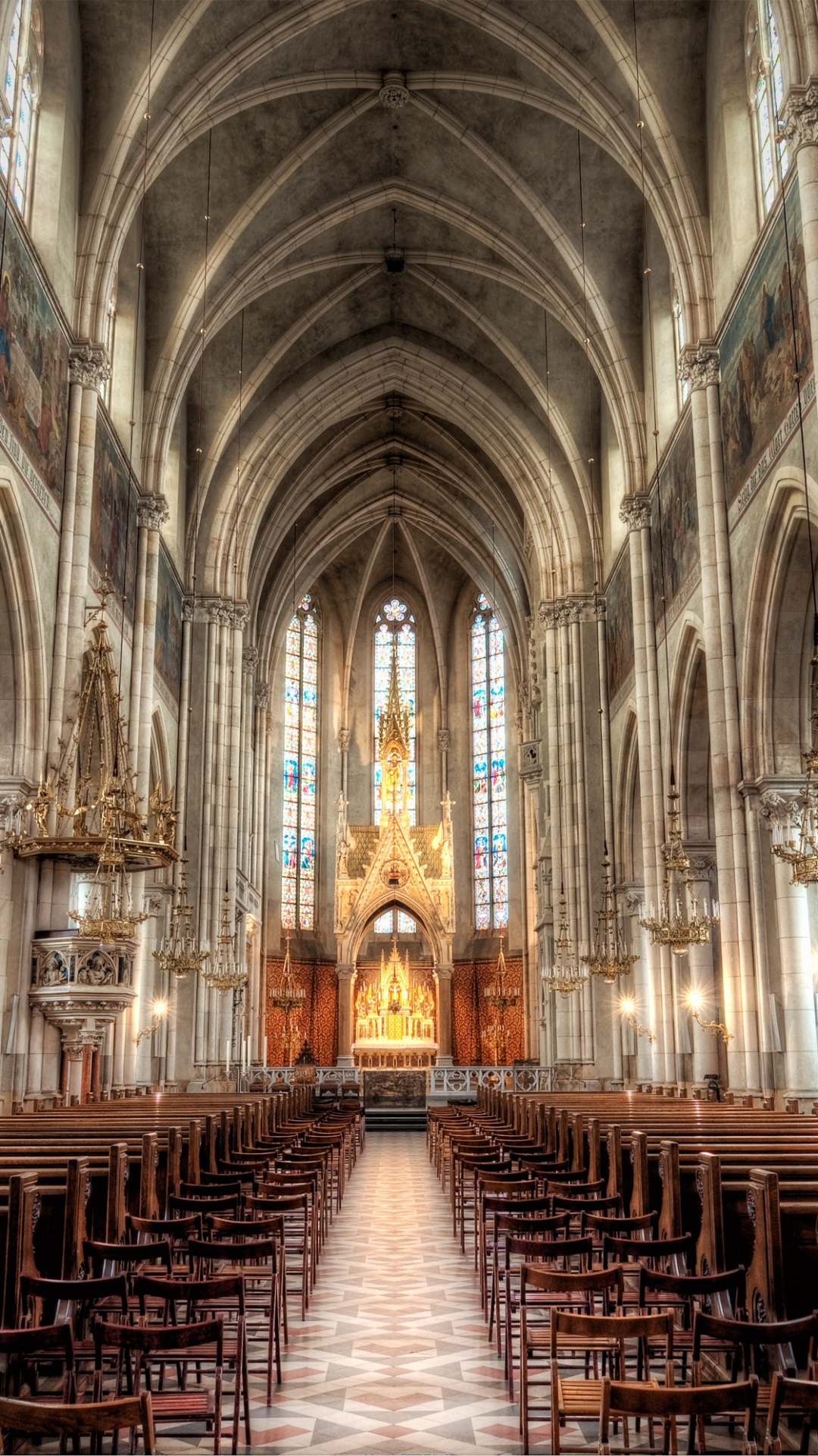 Download mobile wallpaper Architecture, Chair, Arch, Chandelier, Cathedral, Religious, Cathedrals for free.