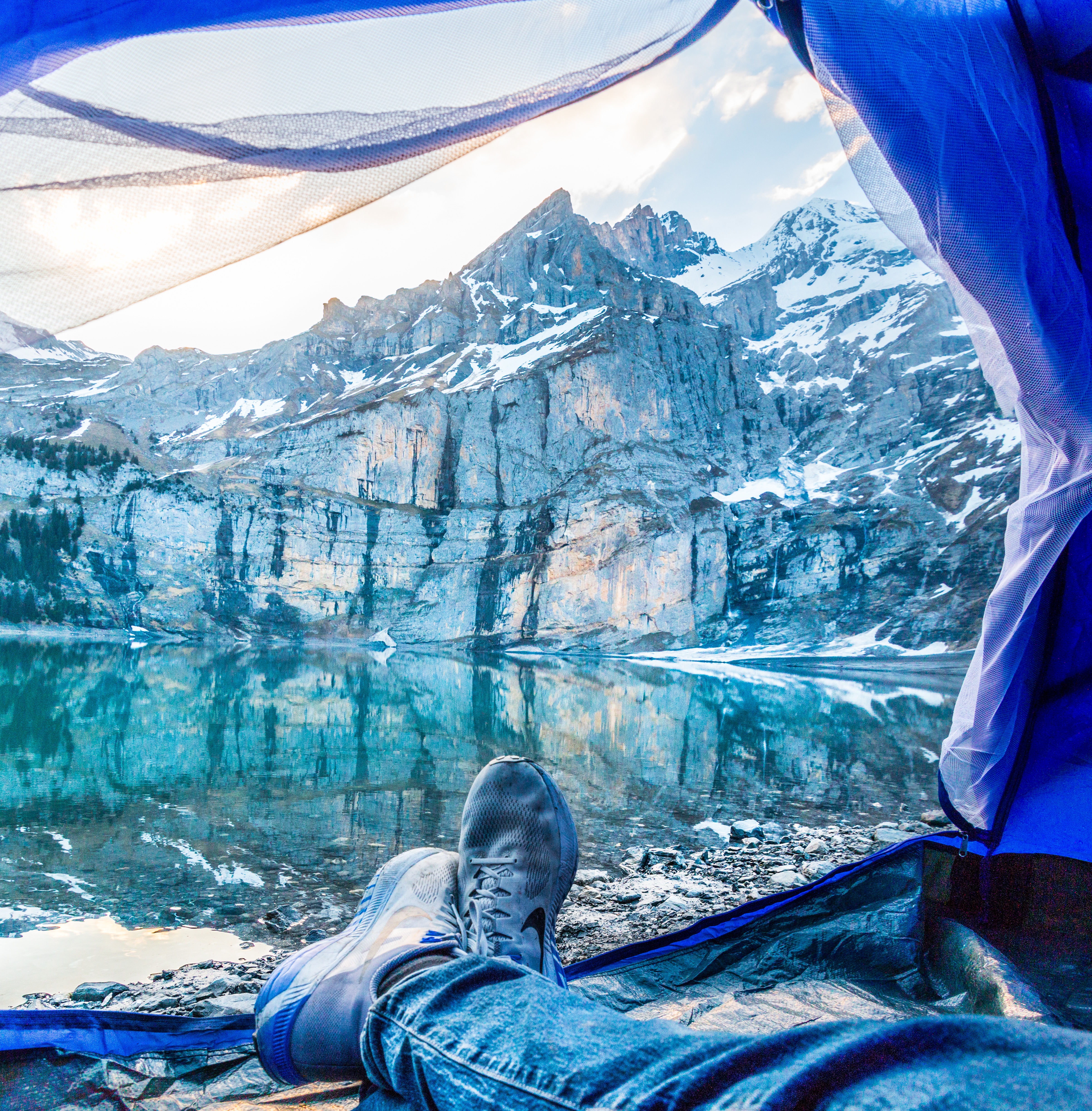 camping, mountains, lake, miscellanea, miscellaneous, legs, tent, campsite, tourism cellphone