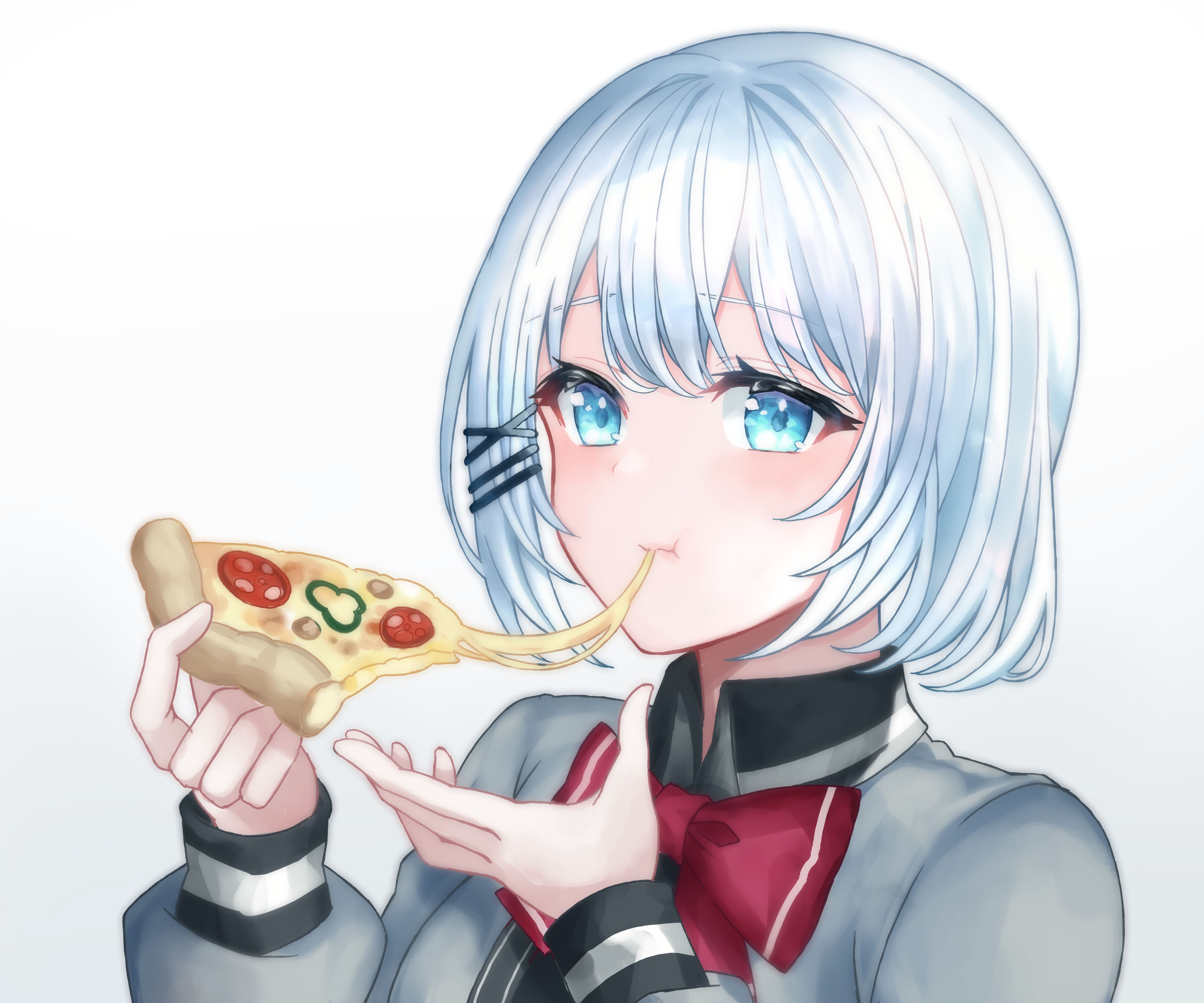 An anime girl eating a slice of pizza, savoring the | Stable Diffusion
