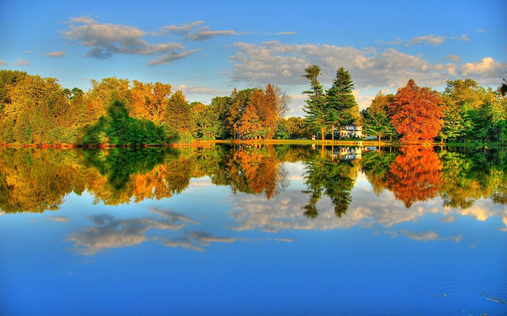 lake, nature, autumn, trees, reflection, bank, shore, house, colors, color