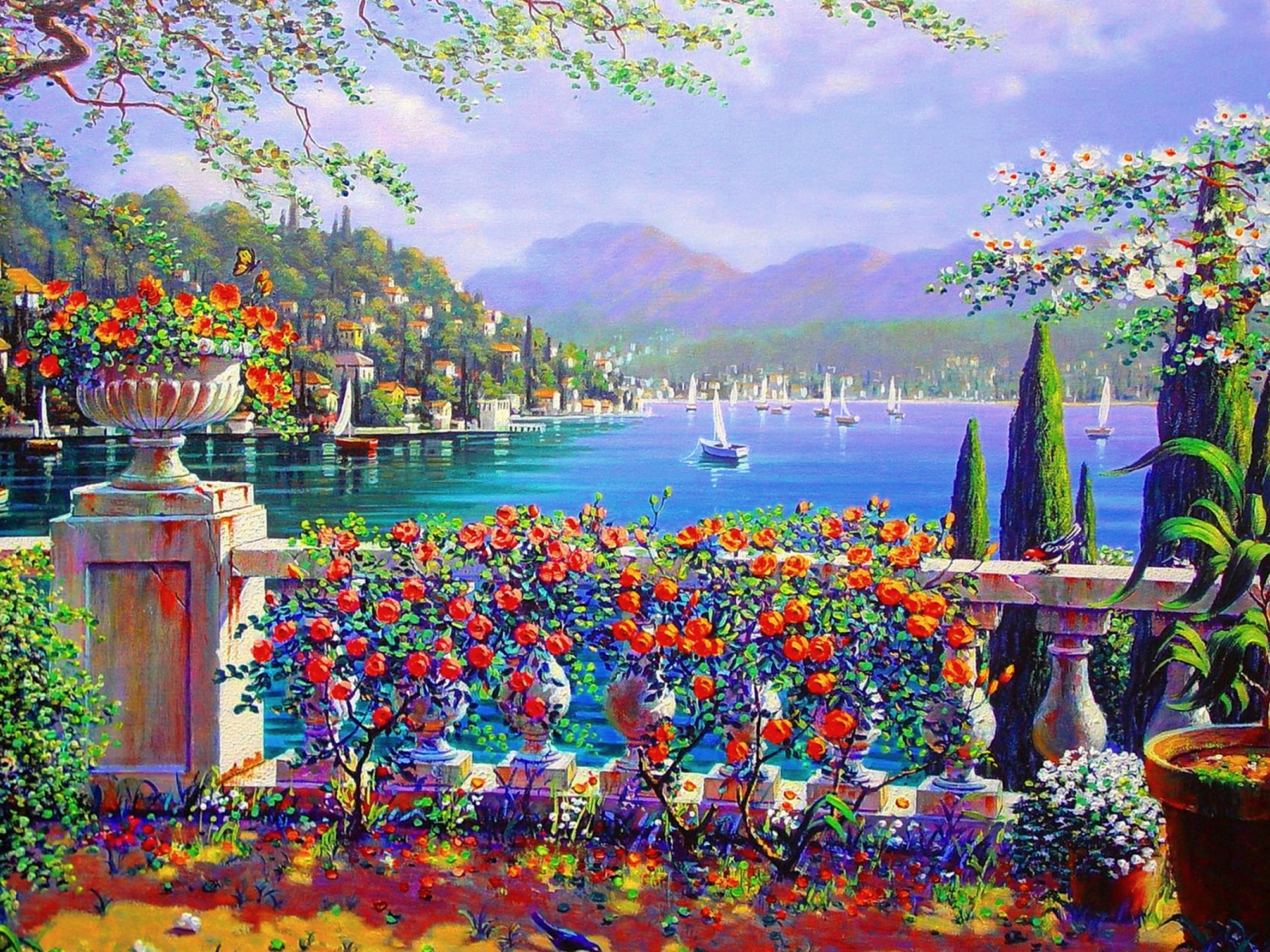 sea, artistic, painting, boat, colorful, flower, italy, landscape, terrace, tree