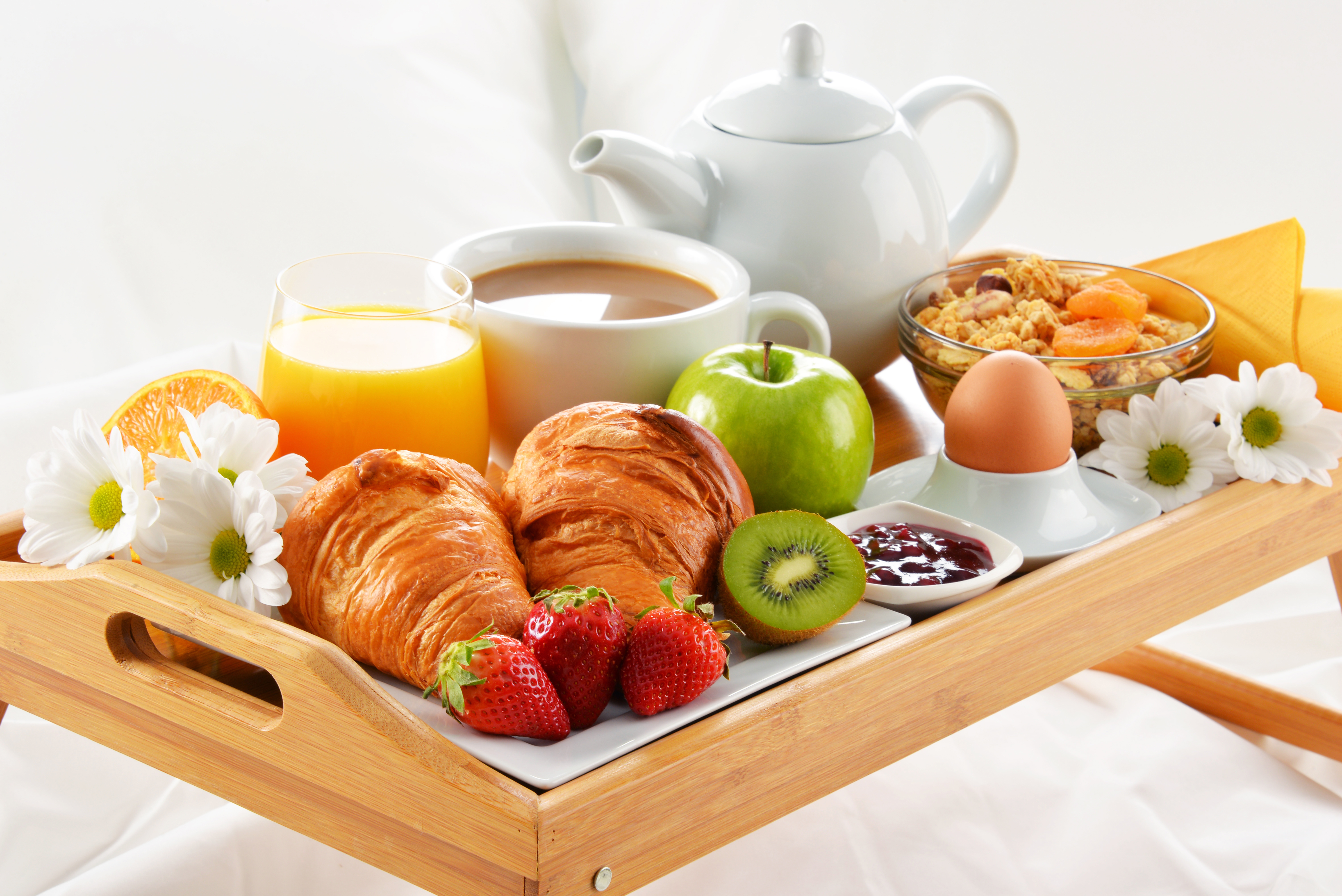 Download mobile wallpaper Food, Coffee, Flower, Cup, Fruit, Jam, Muesli, Breakfast, Croissant for free.