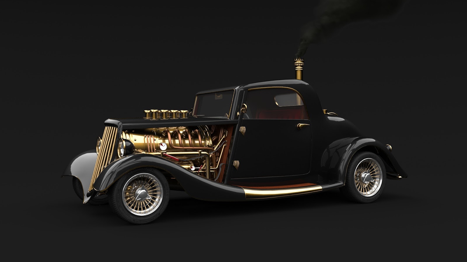black, gold, sci fi, steampunk, black car, custom car, engine, smoke