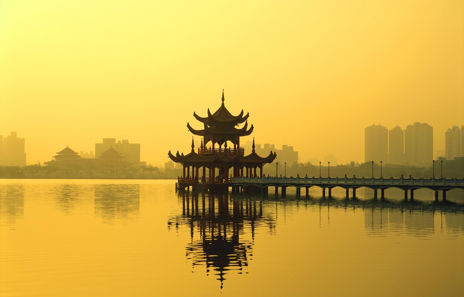 water, bridges, architecture, asia, yellow
