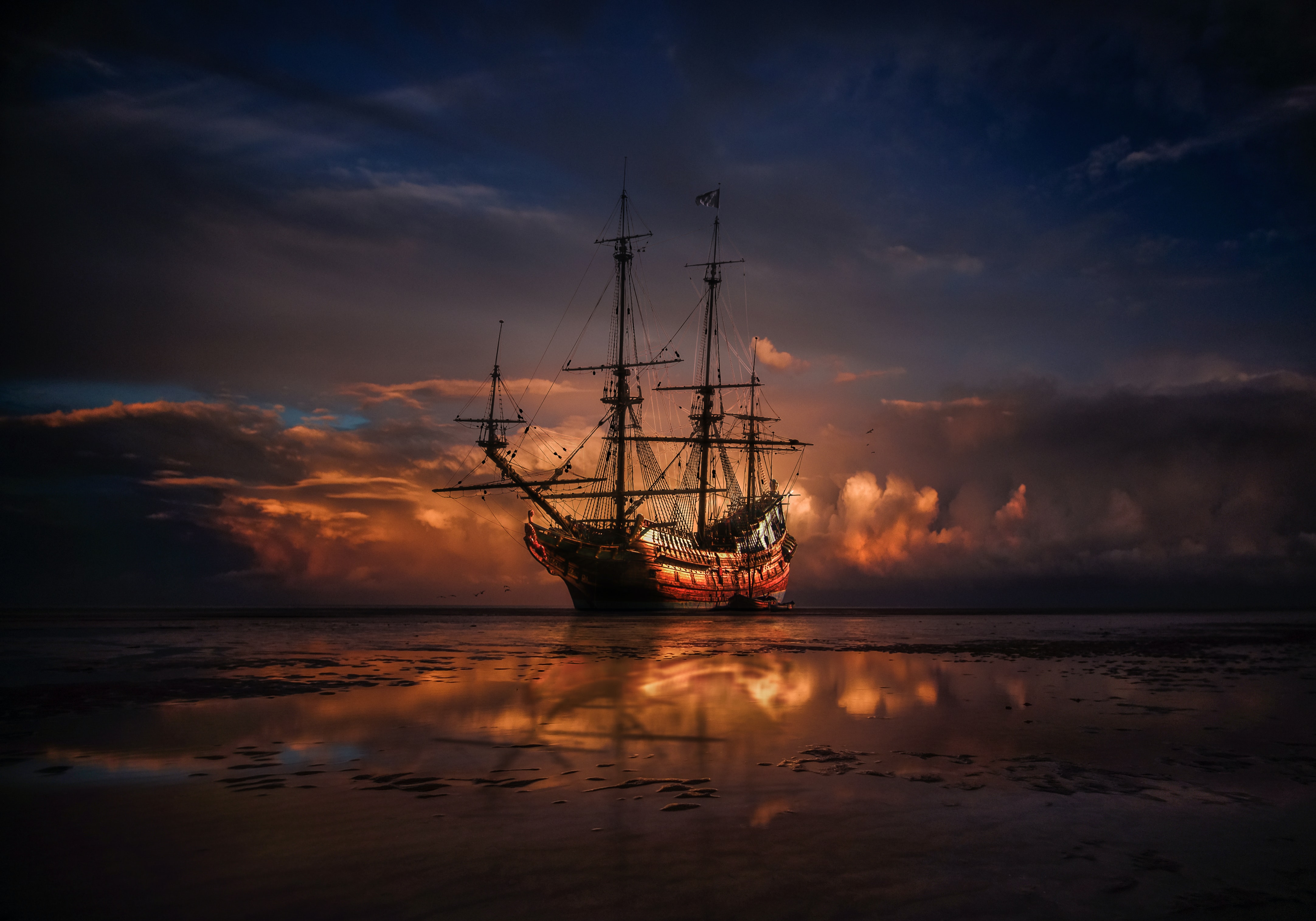 miscellaneous, miscellanea, sea, sunset, horizon, ship Smartphone Background