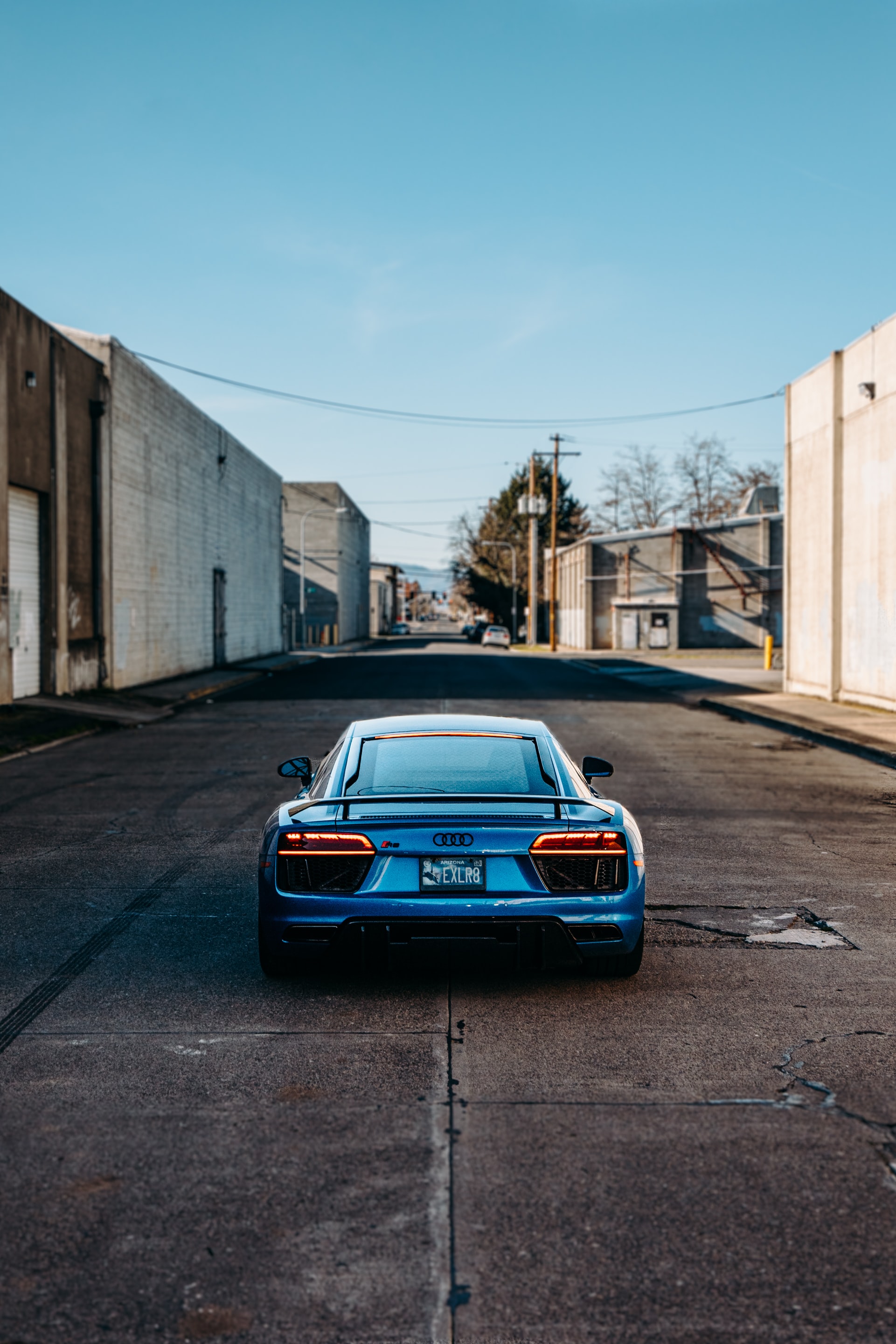 audi r8, cars, rear view, audi, blue, car, back view wallpapers for tablet