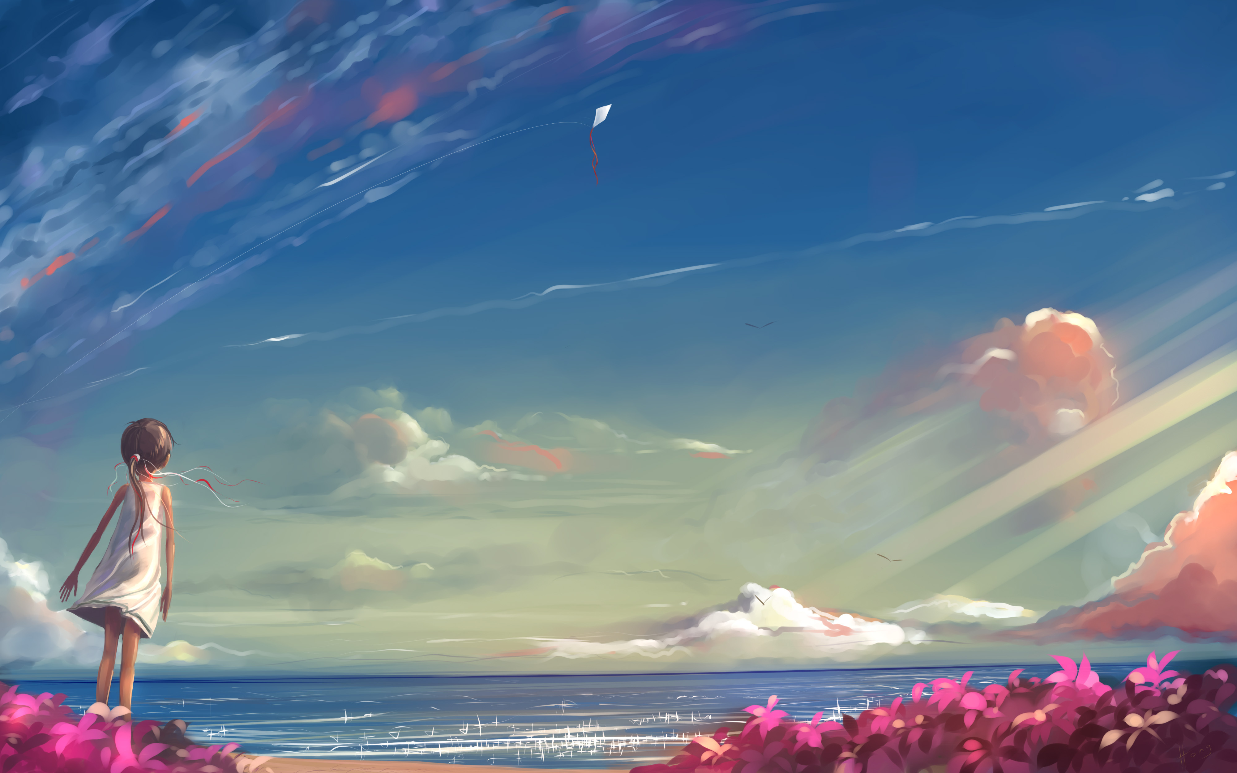 anime, child, cloud, flower, ocean 8K