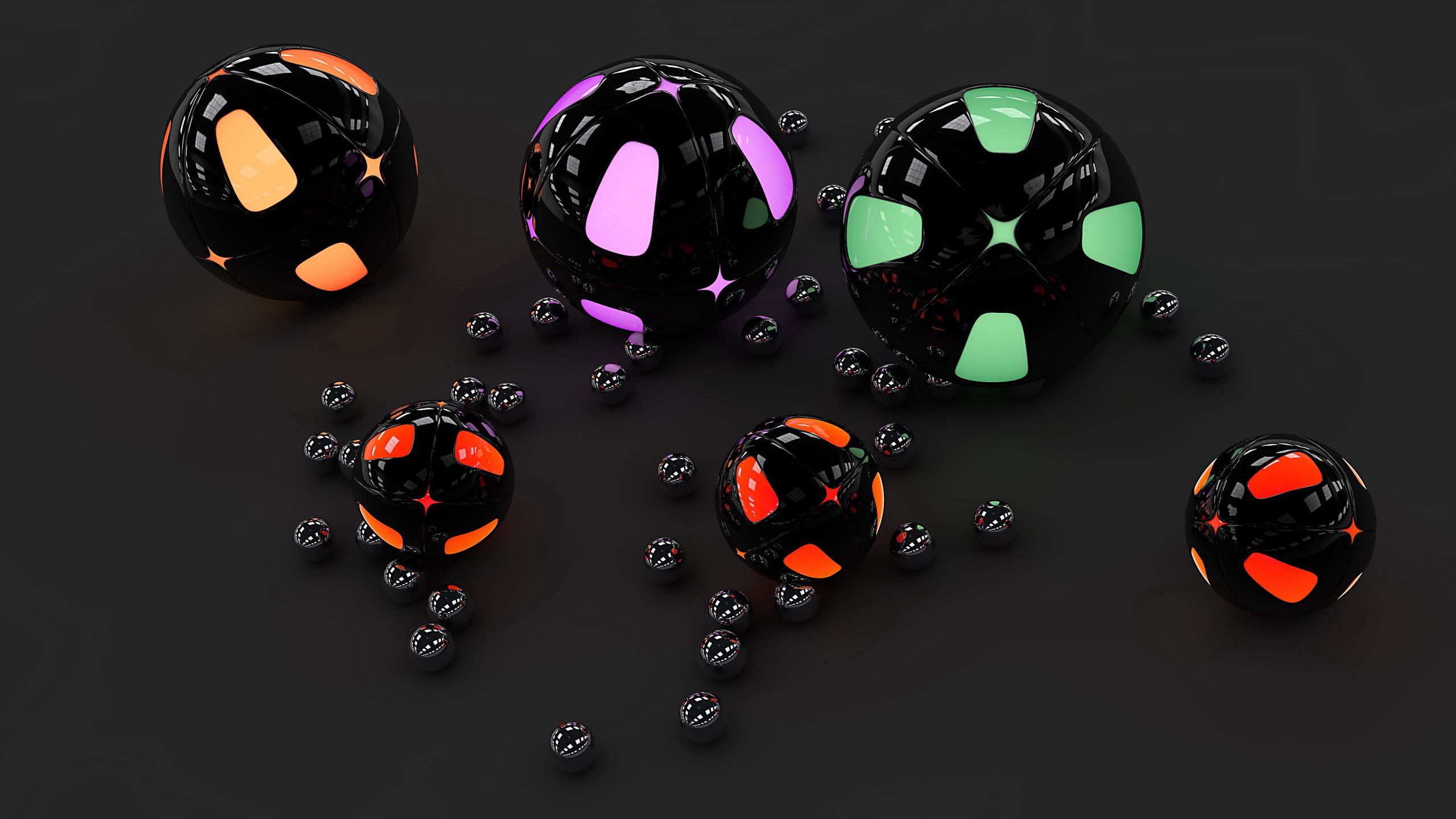 Mobile wallpaper balls, sphere, spheres, 3d, neon, surface, illumination, backlight, gray background, grey background