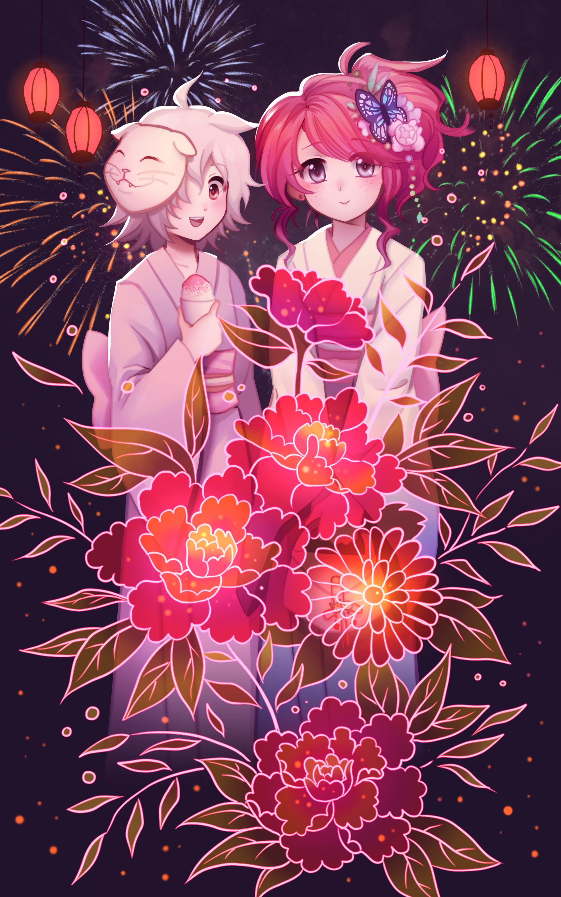 Handy-Wallpaper Feuerwerk, Blumen, Kunst, Mädchen, Anime kostenlos herunterladen.