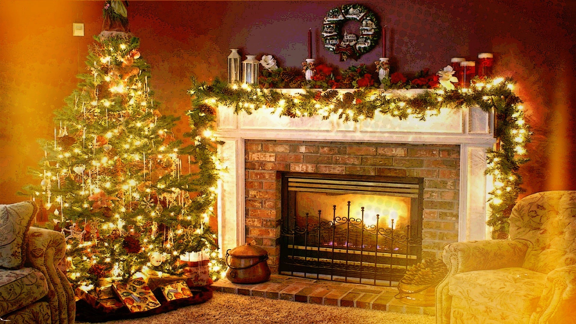 HD desktop wallpaper: Chair, Christmas, Holiday, Christmas Tree, Living Room,  Wreath, Fireplace download free picture #766935