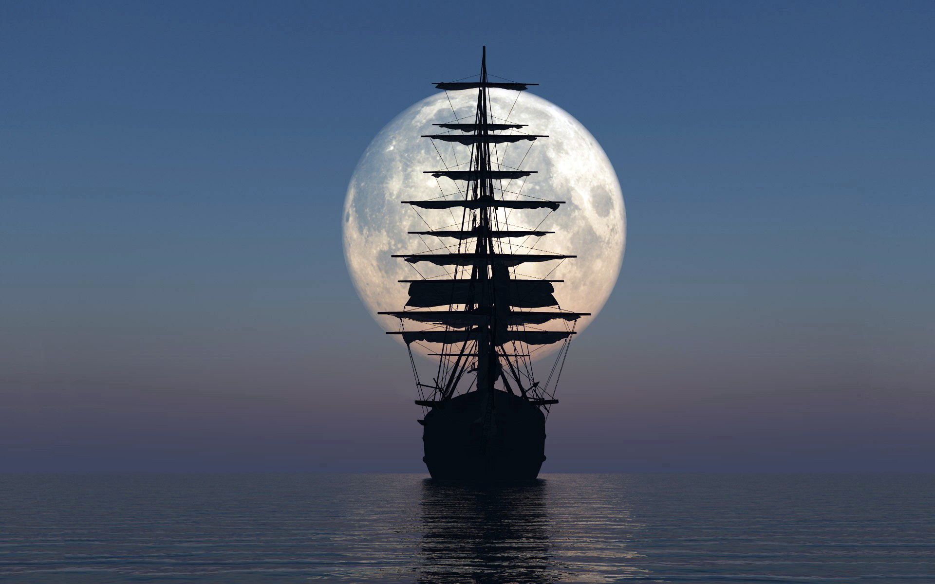 moon, ship, miscellanea, sunset, sea, miscellaneous 4K