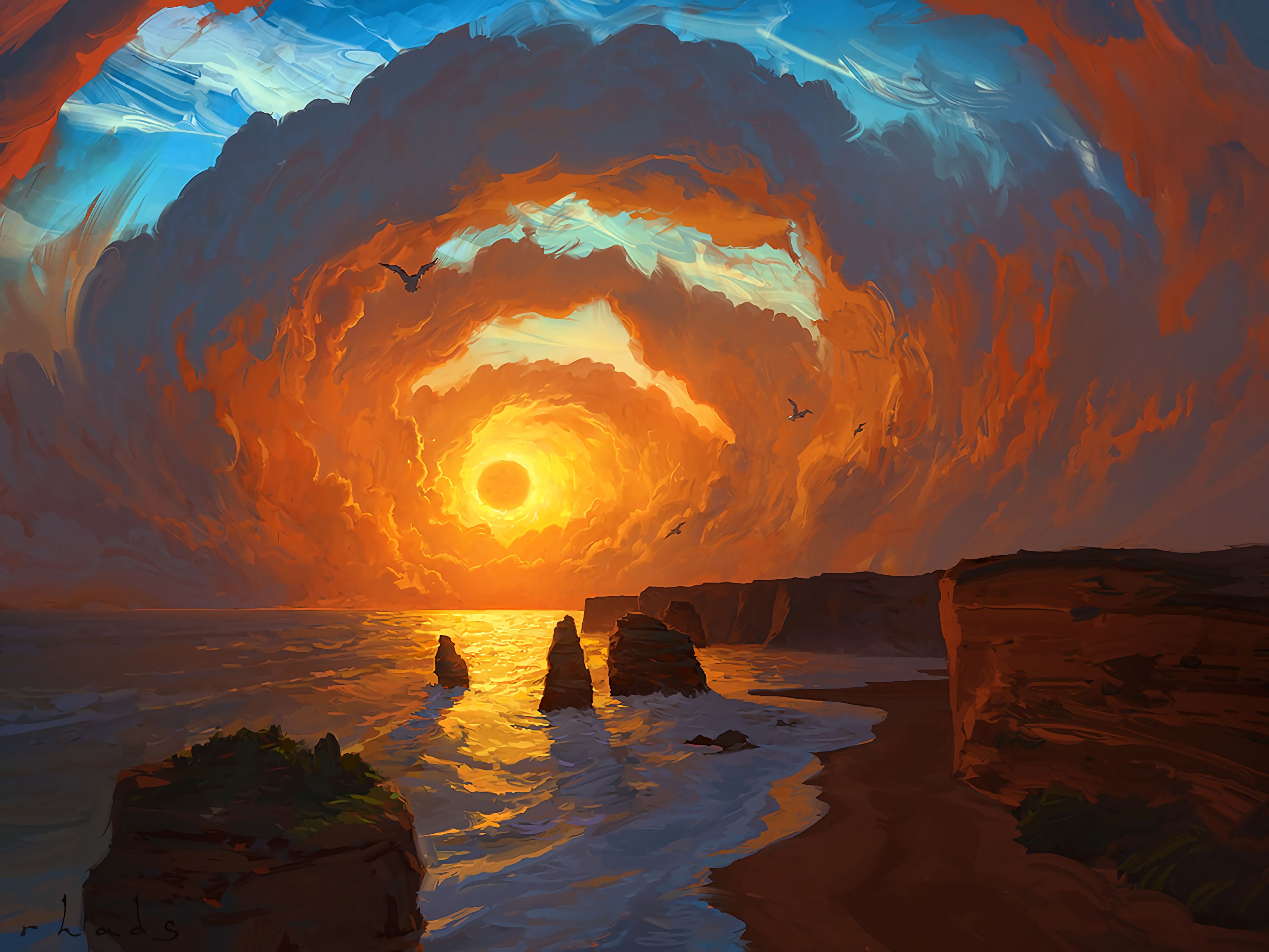 Download mobile wallpaper Clouds, Art, Landscape, Sky, Sunset, Rocks, Nature, Sea for free.