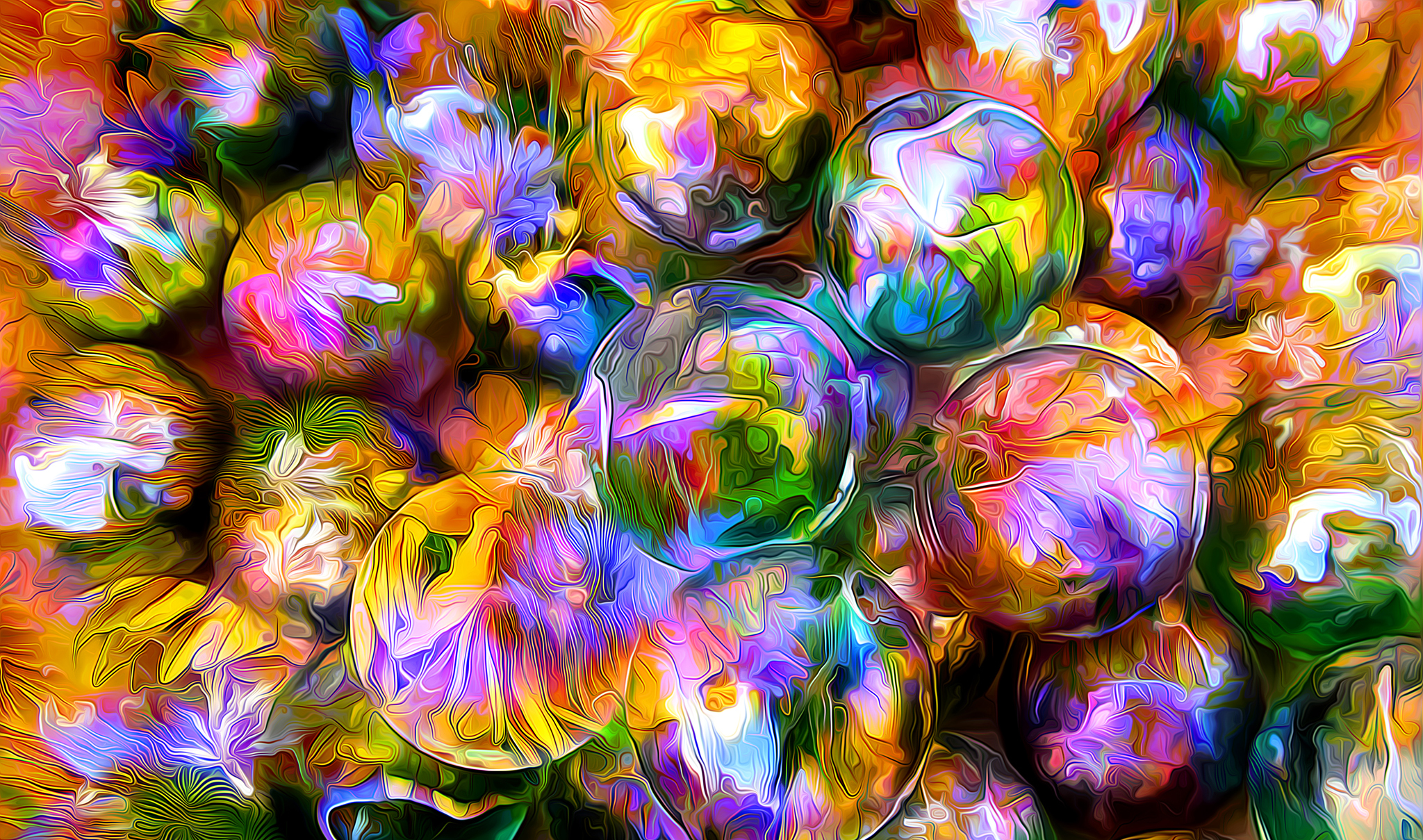 balls, abstract, reflection, petals, greased, smeared, rendering 4K