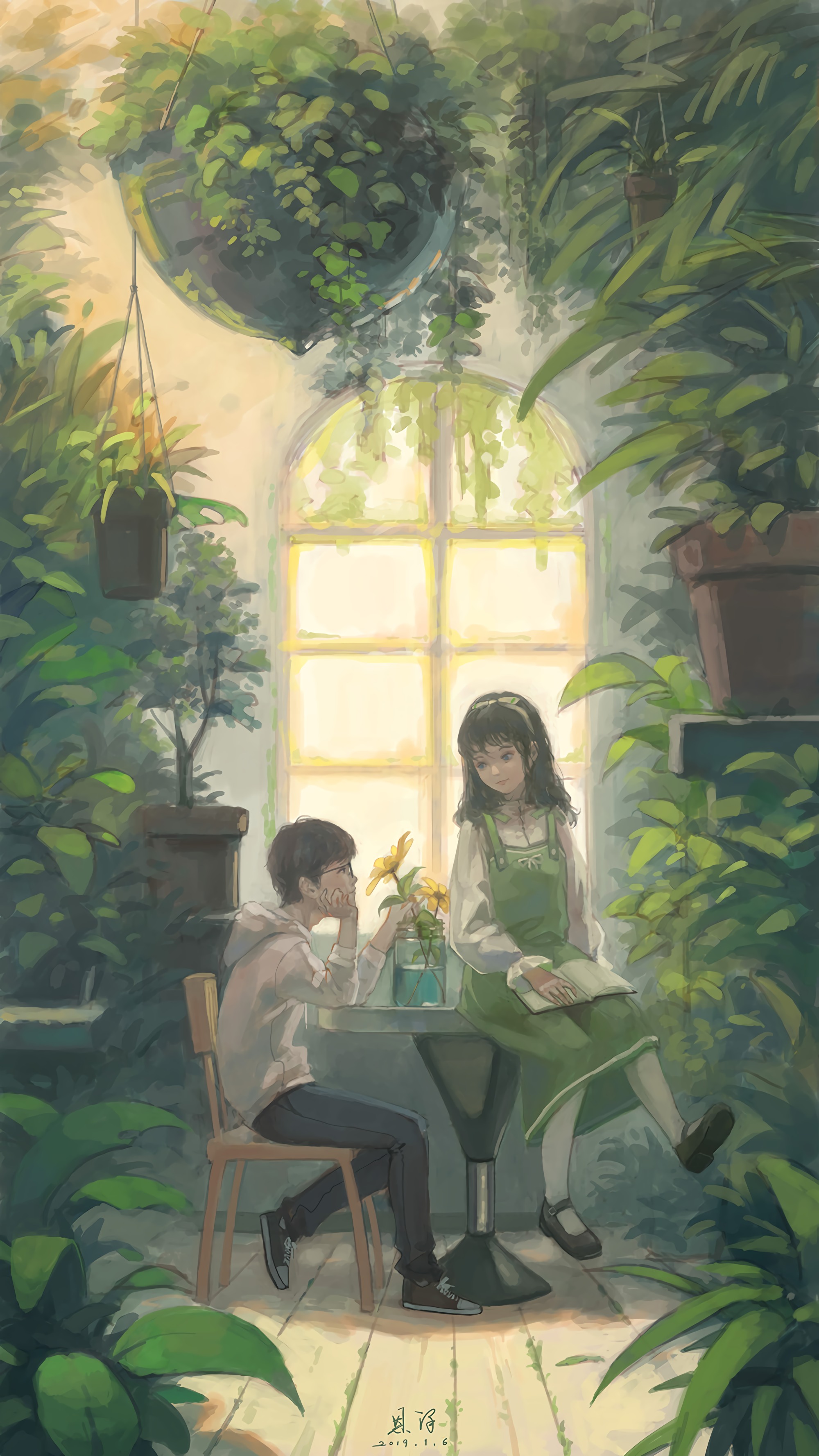 girl, art, guy, window, flowers, greenhouse