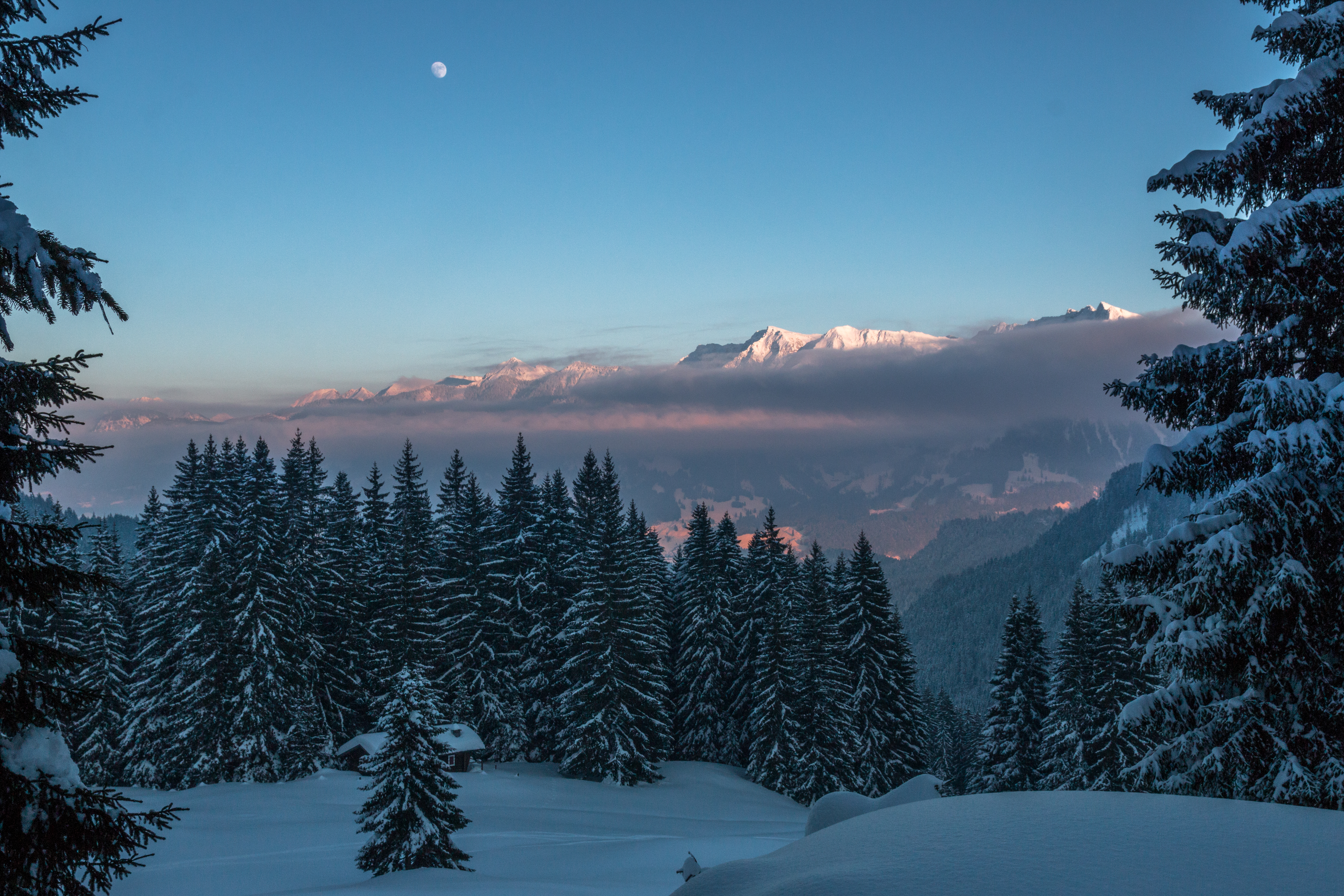 在您的 PC 桌面上免費下載 冬天, 黄昏, 雪, 性质, 树, 山 圖片