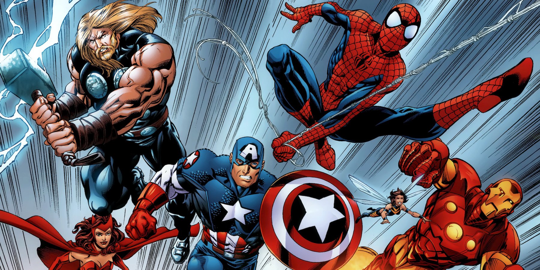 Download mobile wallpaper Spider Man, Iron Man, Captain America, Avengers, Comics, Superhero, Wasp (Marvel Comics), Thor, Janet Van Dyne, Peter Parker, Marvel Comics, Scarlet Witch, Wanda Maximoff for free.