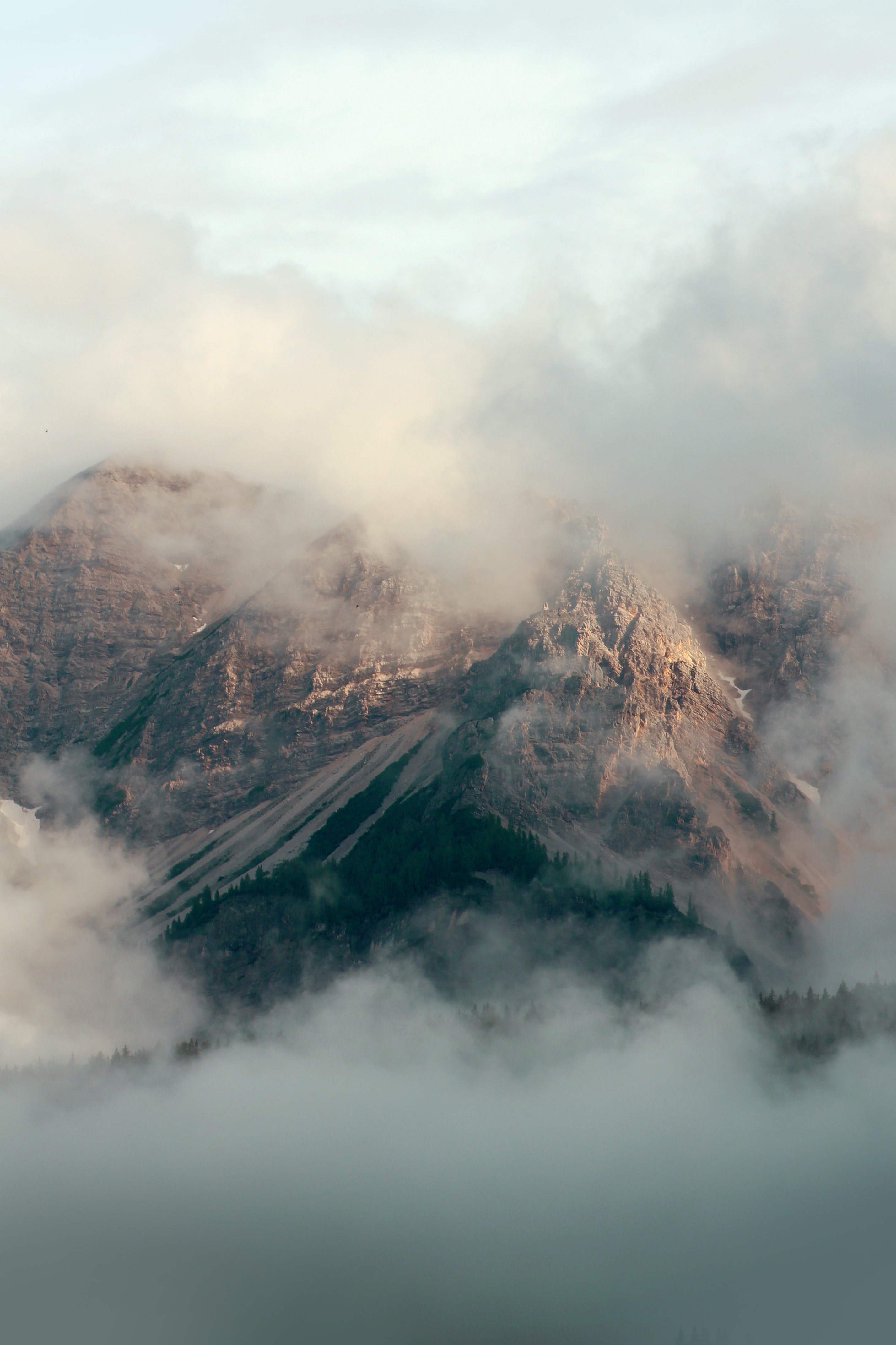 Download mobile wallpaper Mountains, Fog, Sky, Clouds, Rocks, Nature for free.