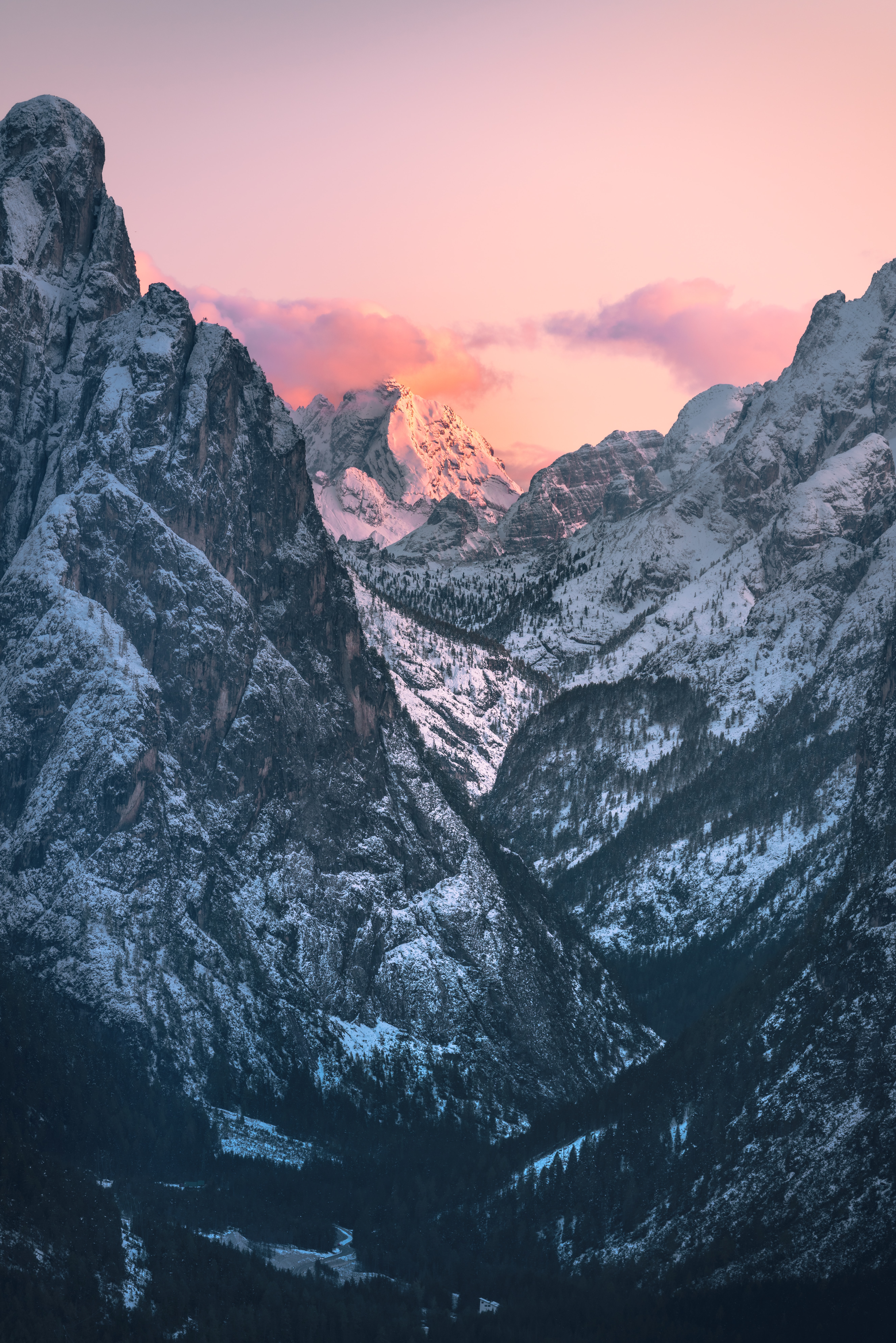 Download mobile wallpaper Nature, Mountains, Snow, Dusk, Twilight, Winter for free.