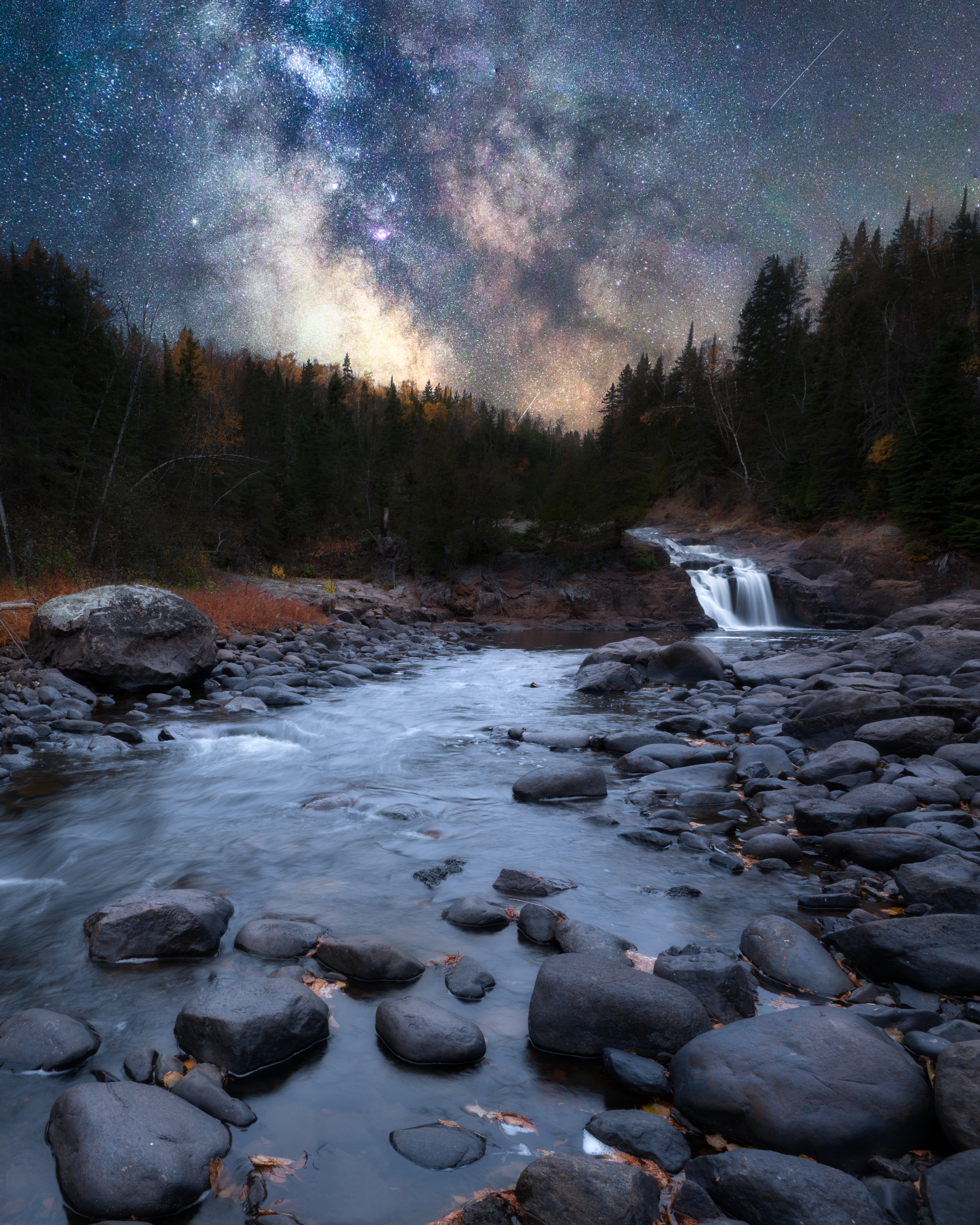 nature, water, rivers, trees, night, starry sky
