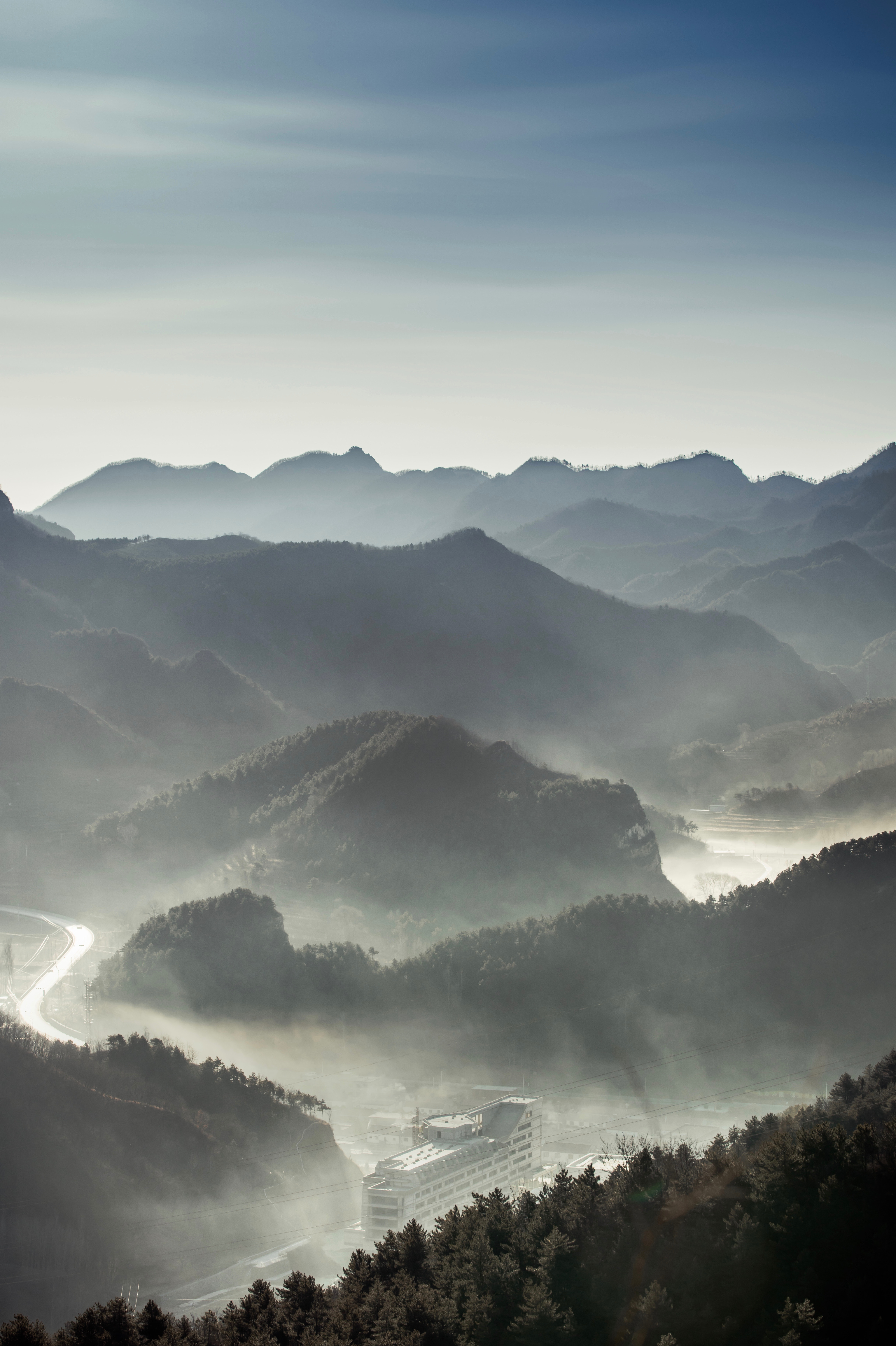 nature, mountains, view from above, fog, woods, scaffolding Full HD