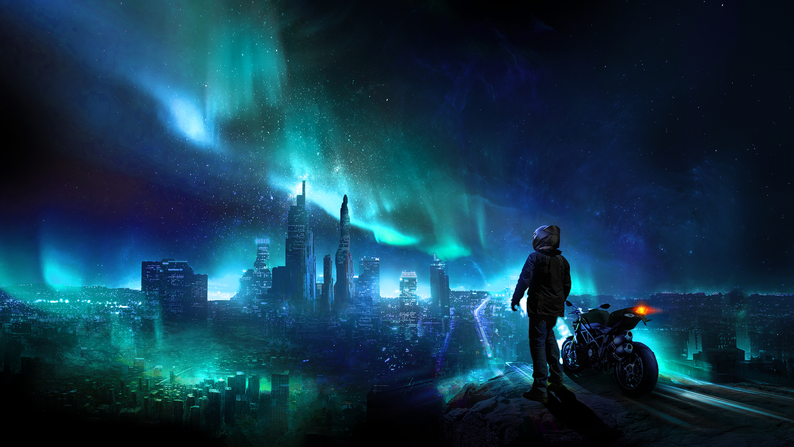 826227 descargar fondo de pantalla ciencia ficción, ciudad, aurora boreal, paisaje urbano, futurista, casco, luz, motocicleta, noche: protectores de pantalla e imágenes gratis