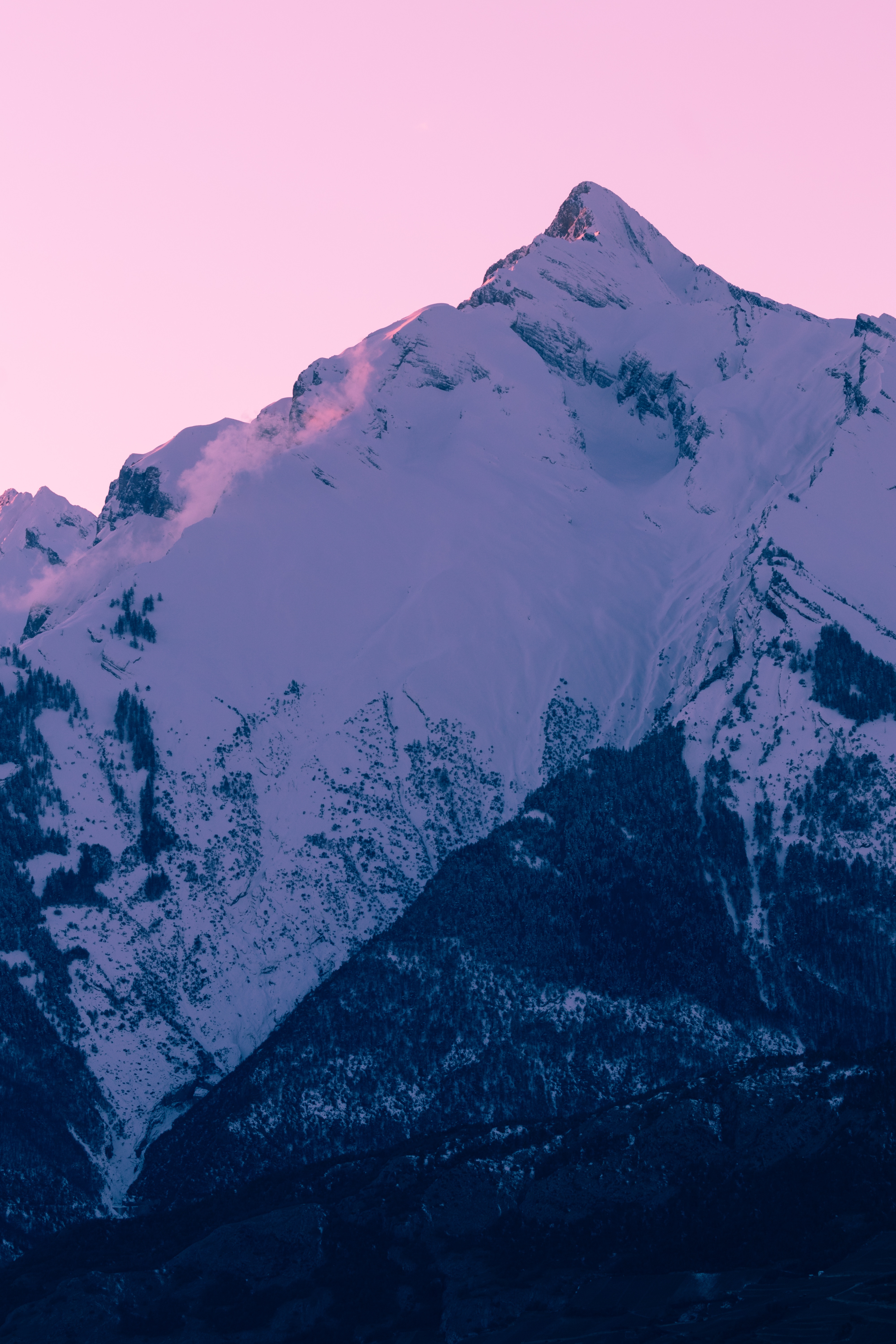winter, nature, sunset, sky, pink, snow, mountain, peak UHD
