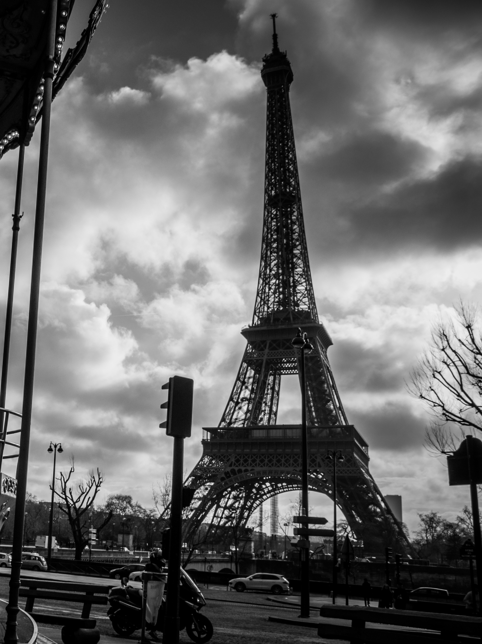 man made, eiffel tower, france, carousel, paris, black & white, monuments