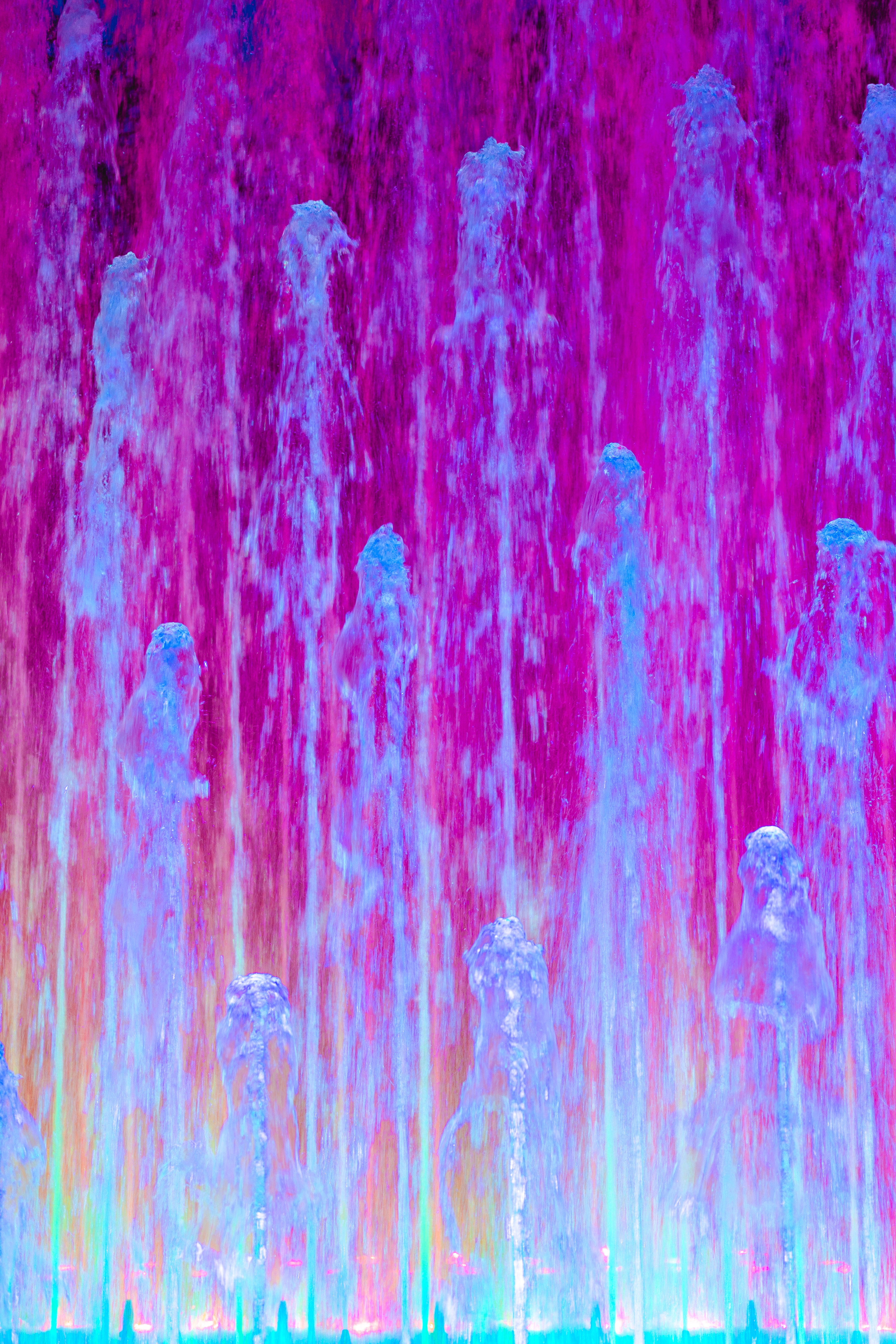 Download mobile wallpaper Jets, Miscellanea, Miscellaneous, Jet, Water, Illumination, Backlight, Fountain, Pink for free.