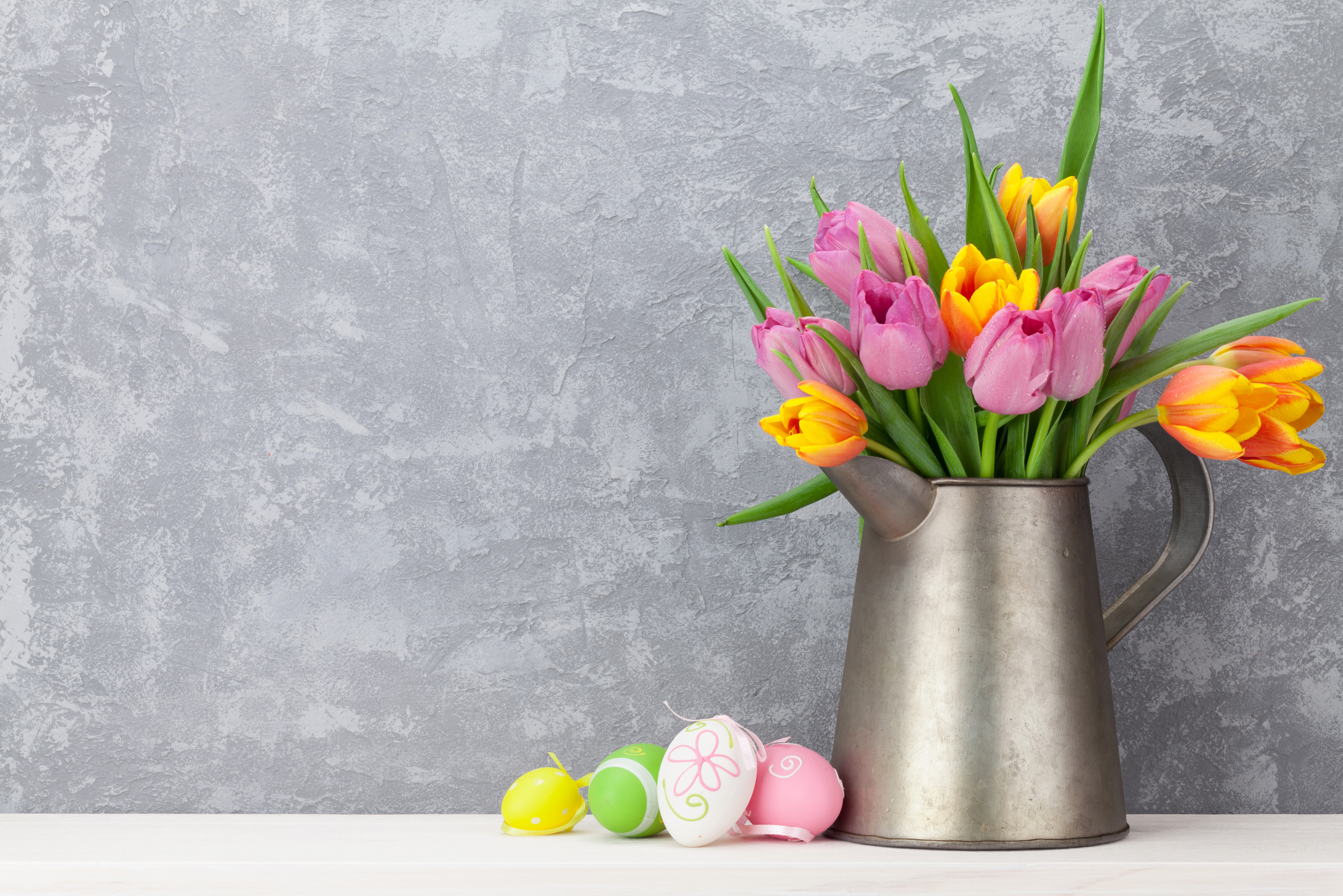 pitcher, colors, holiday, easter, colorful, easter egg, egg, flower, tulip