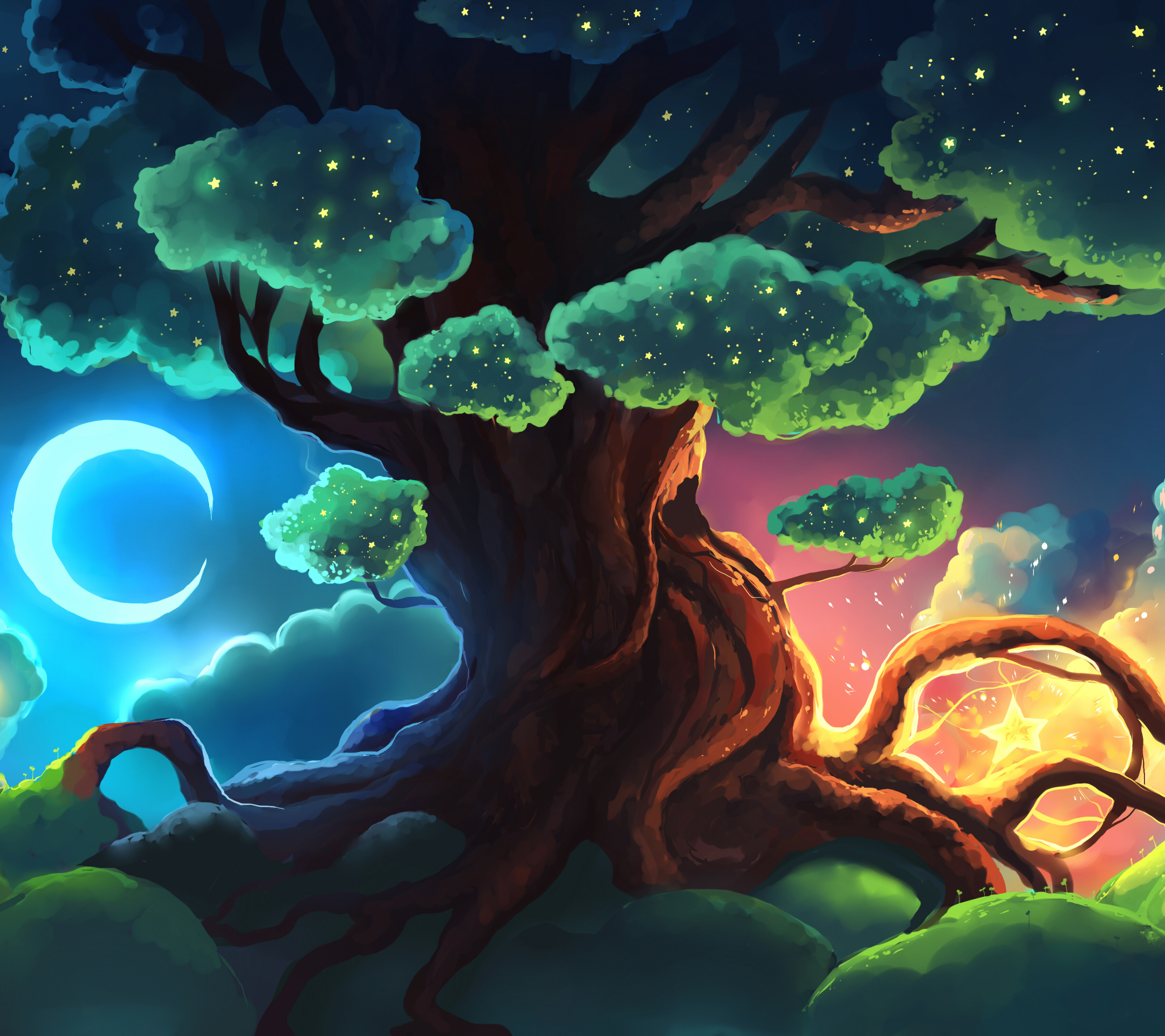 roots, artistic, tree, painting, crescent, moon, stars HD wallpaper
