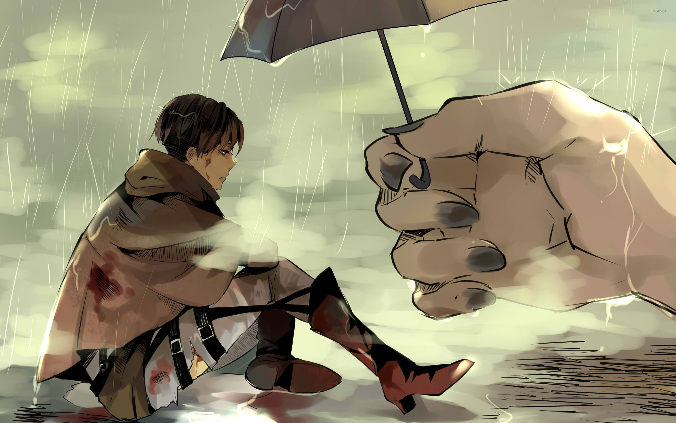 anime, attack on titan, levi ackerman, rain, titan, umbrella 4K Ultra