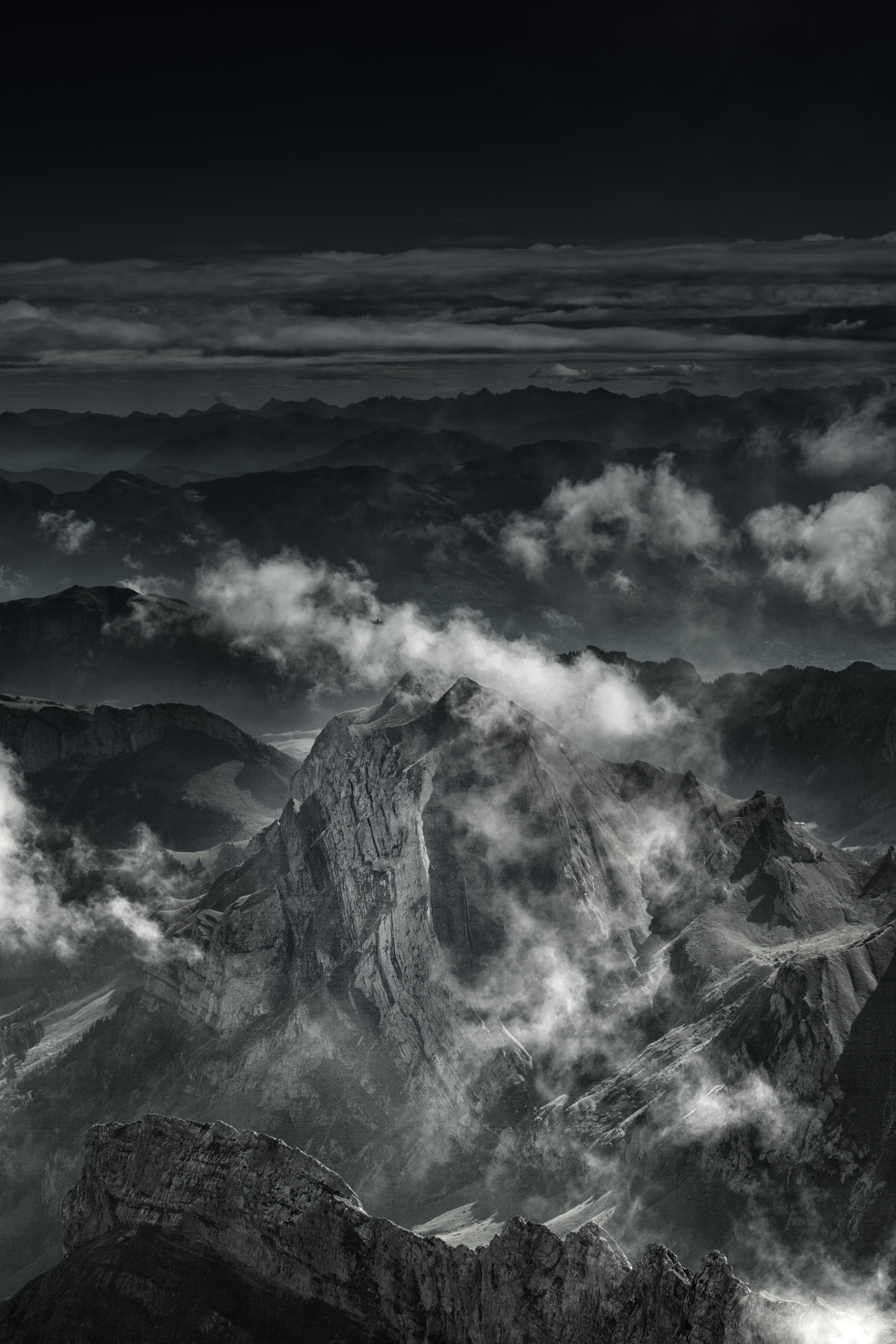Download mobile wallpaper Top, Grey, Clouds, Vertex, Mountains, Fog, Nature for free.