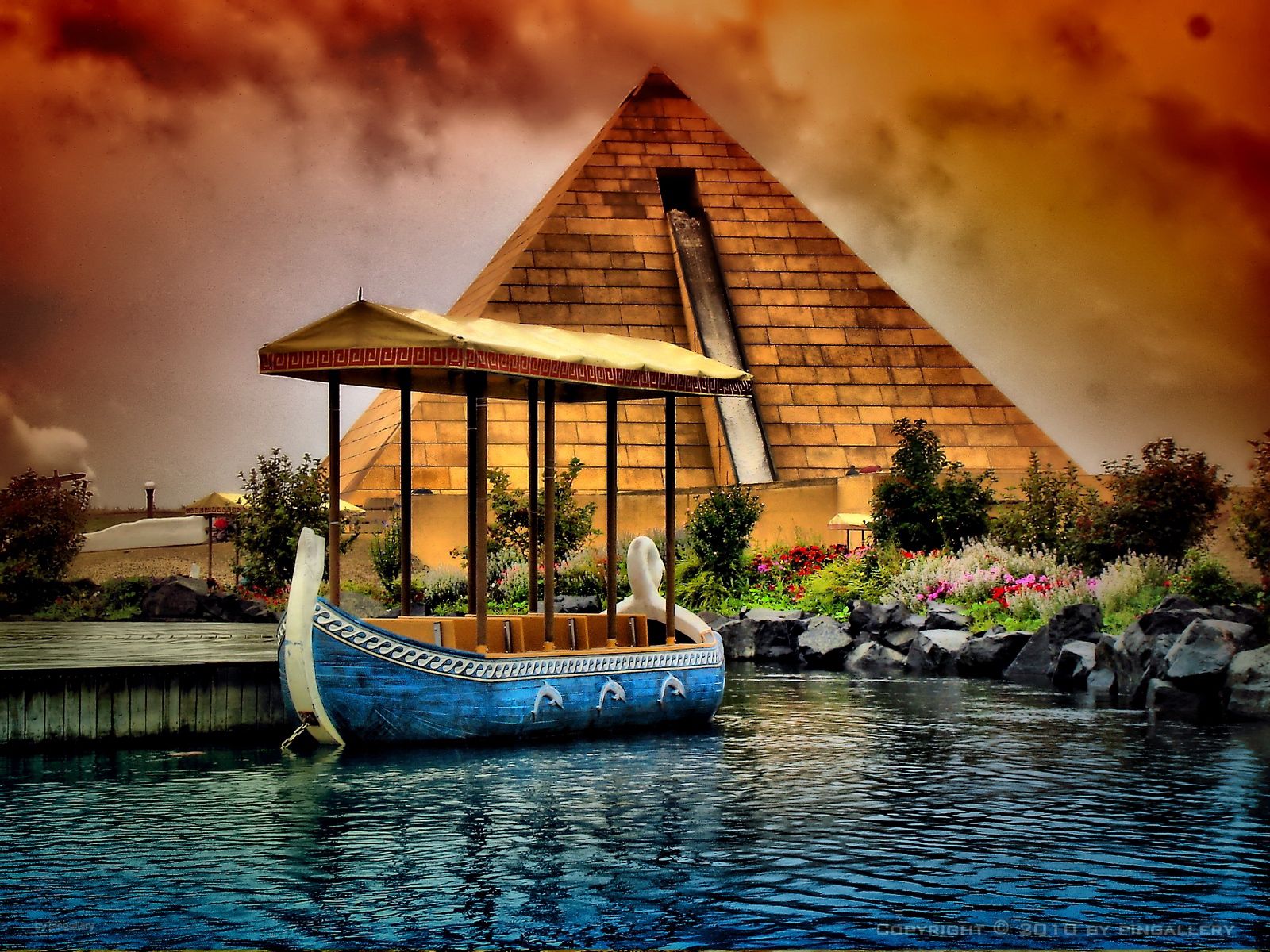 Download mobile wallpaper Pyramid, Nature, Rivers, Boat for free.