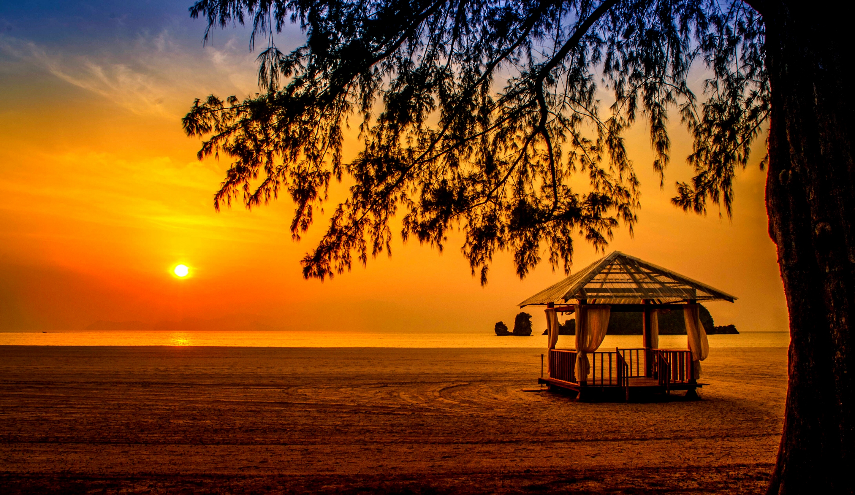 Free download wallpaper Sunset, Beach, Horizon, Tropical, Malaysia, Photography, Bungalow on your PC desktop
