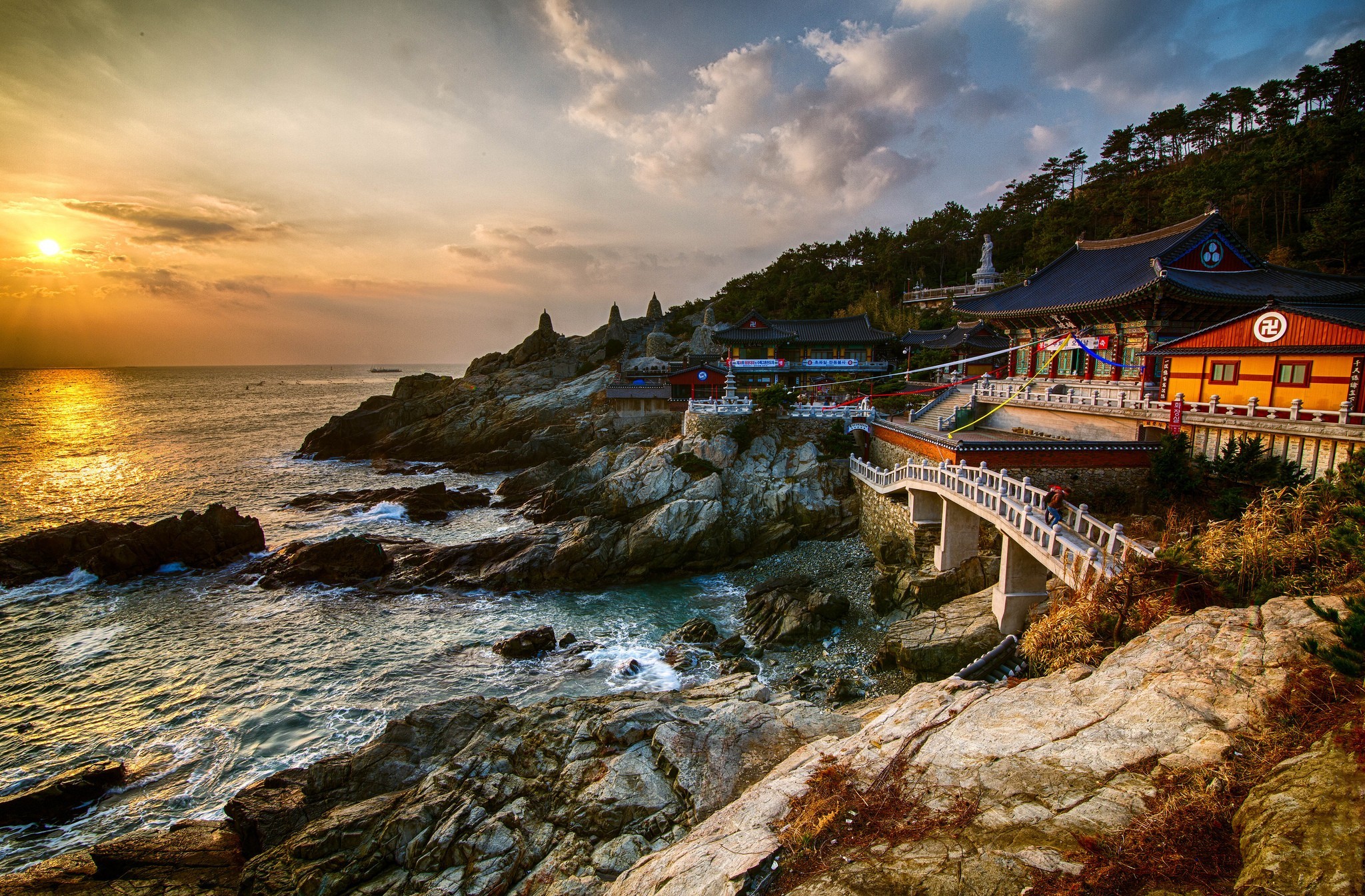 korea, south korea, religious, haedong yonggung temple, buddhist temple, gijang gun, seashore, sunset, temple, temples