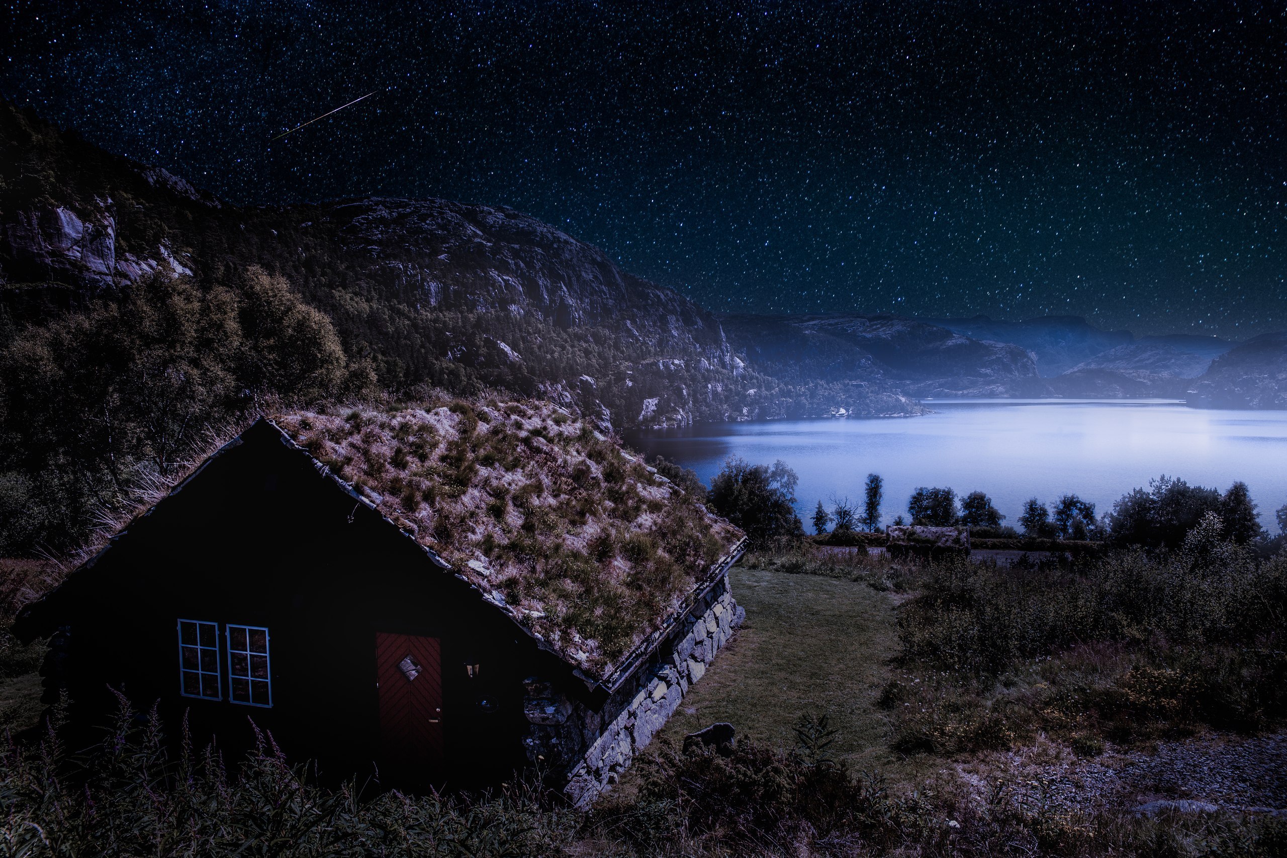 857901 descargar fondo de pantalla hecho por el hombre, casa, hierba, lago, noche, noruega, techo: protectores de pantalla e imágenes gratis