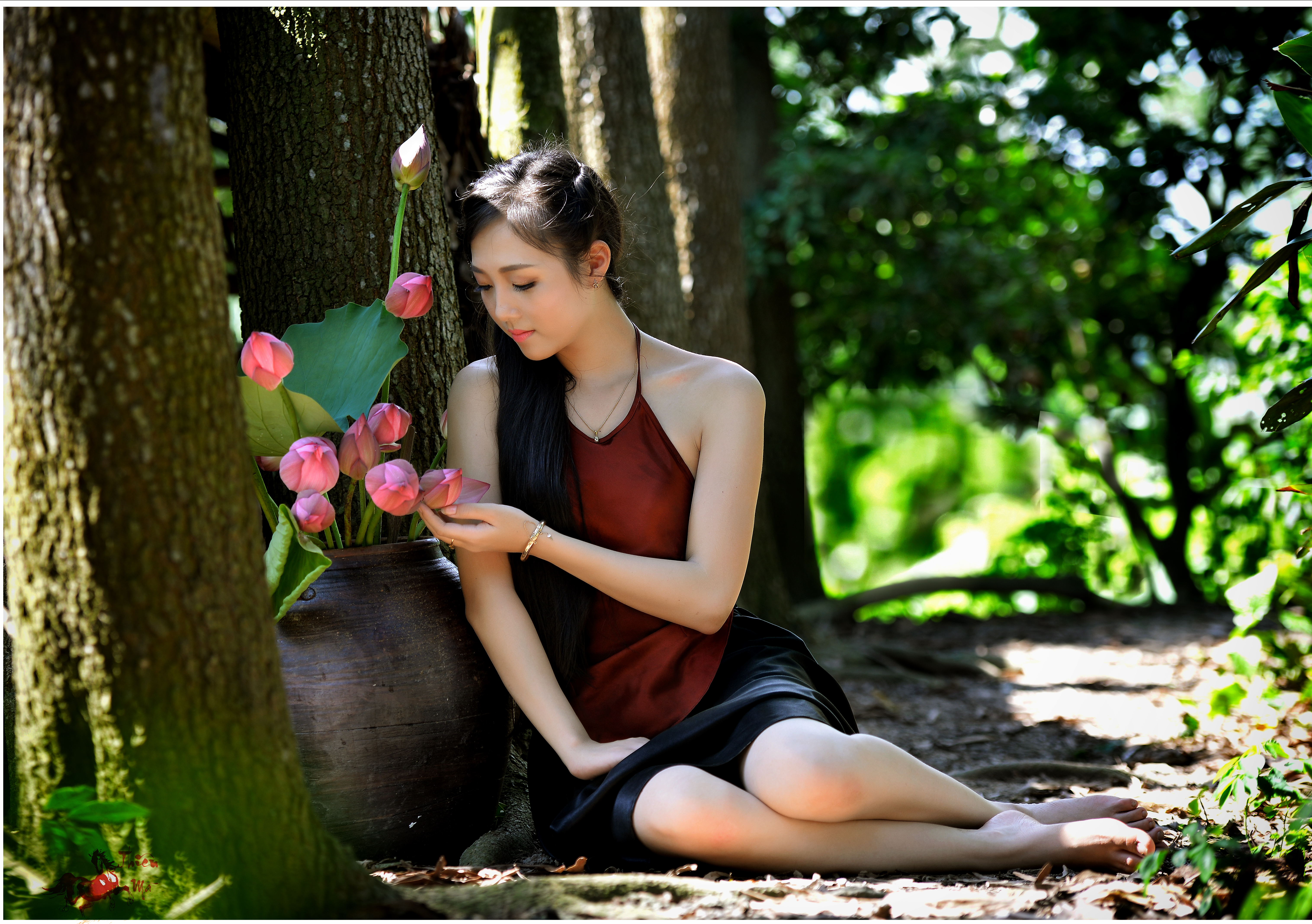 1523136 Hintergrundbild herunterladen frauen, asiatinnen, bokeh, lotus, vase, vietnamesisch - Bildschirmschoner und Bilder kostenlos