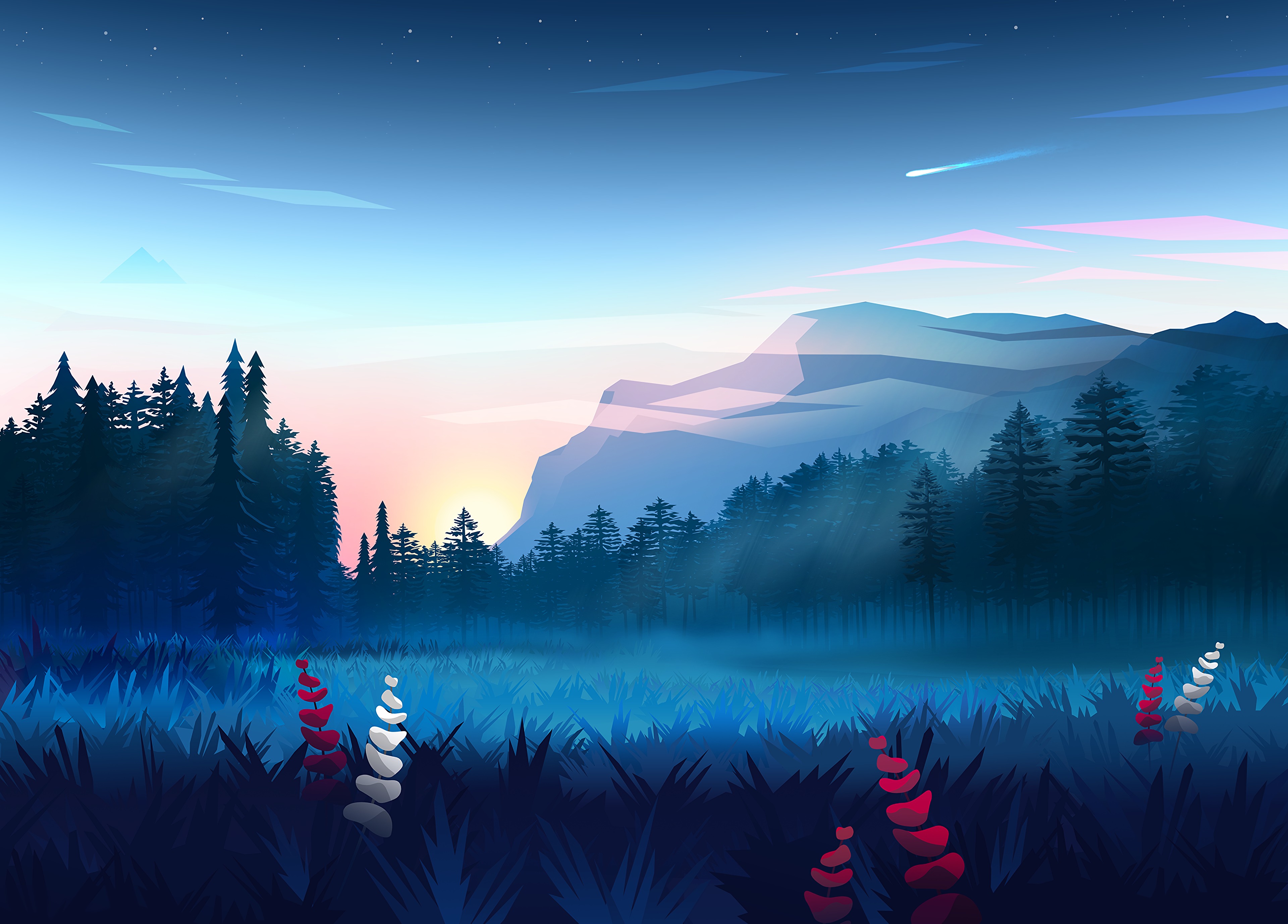 art, vector, mountains, forest, landscape, fog, lawn for android