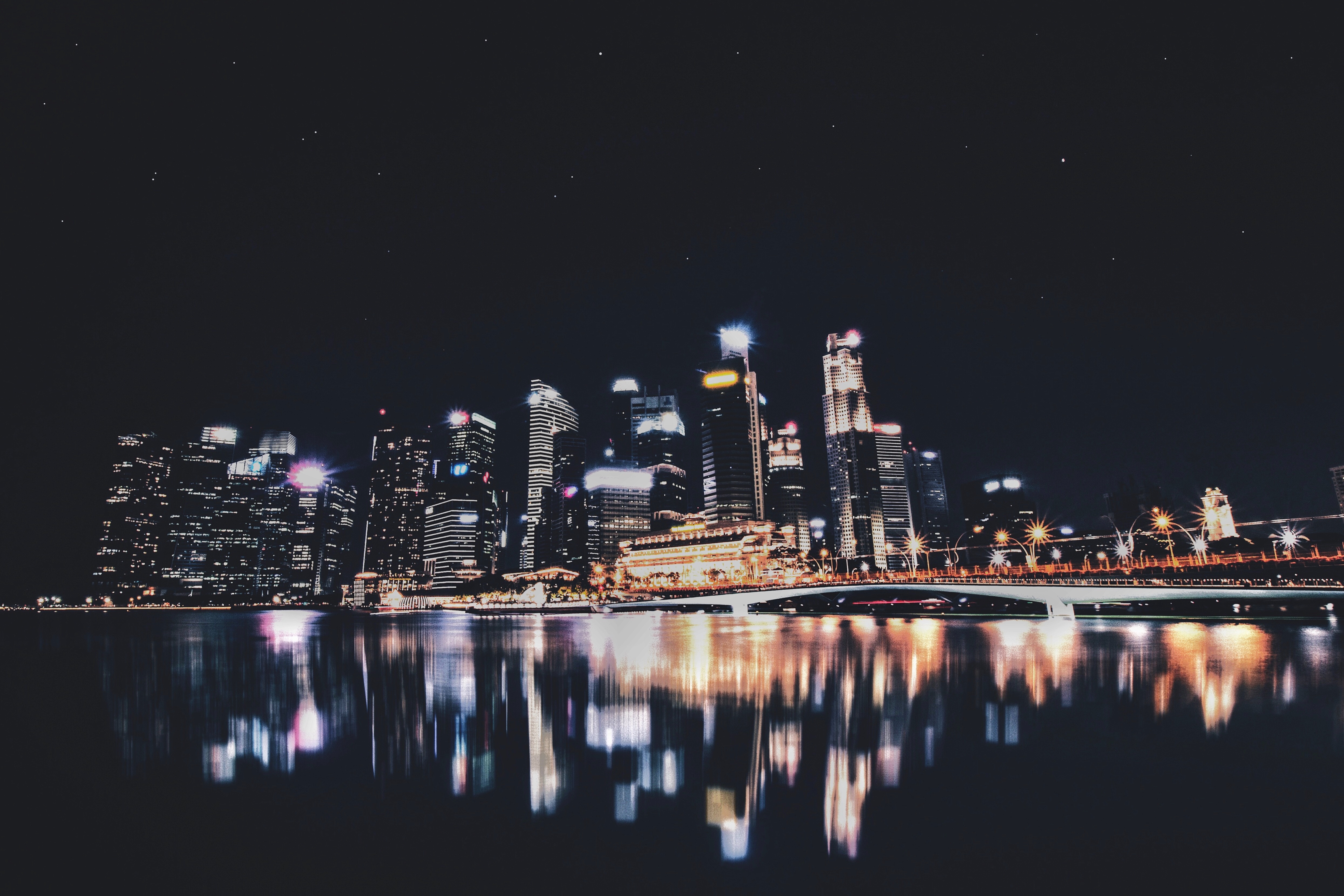 singapore, cities, night city, city lights, panorama HD wallpaper