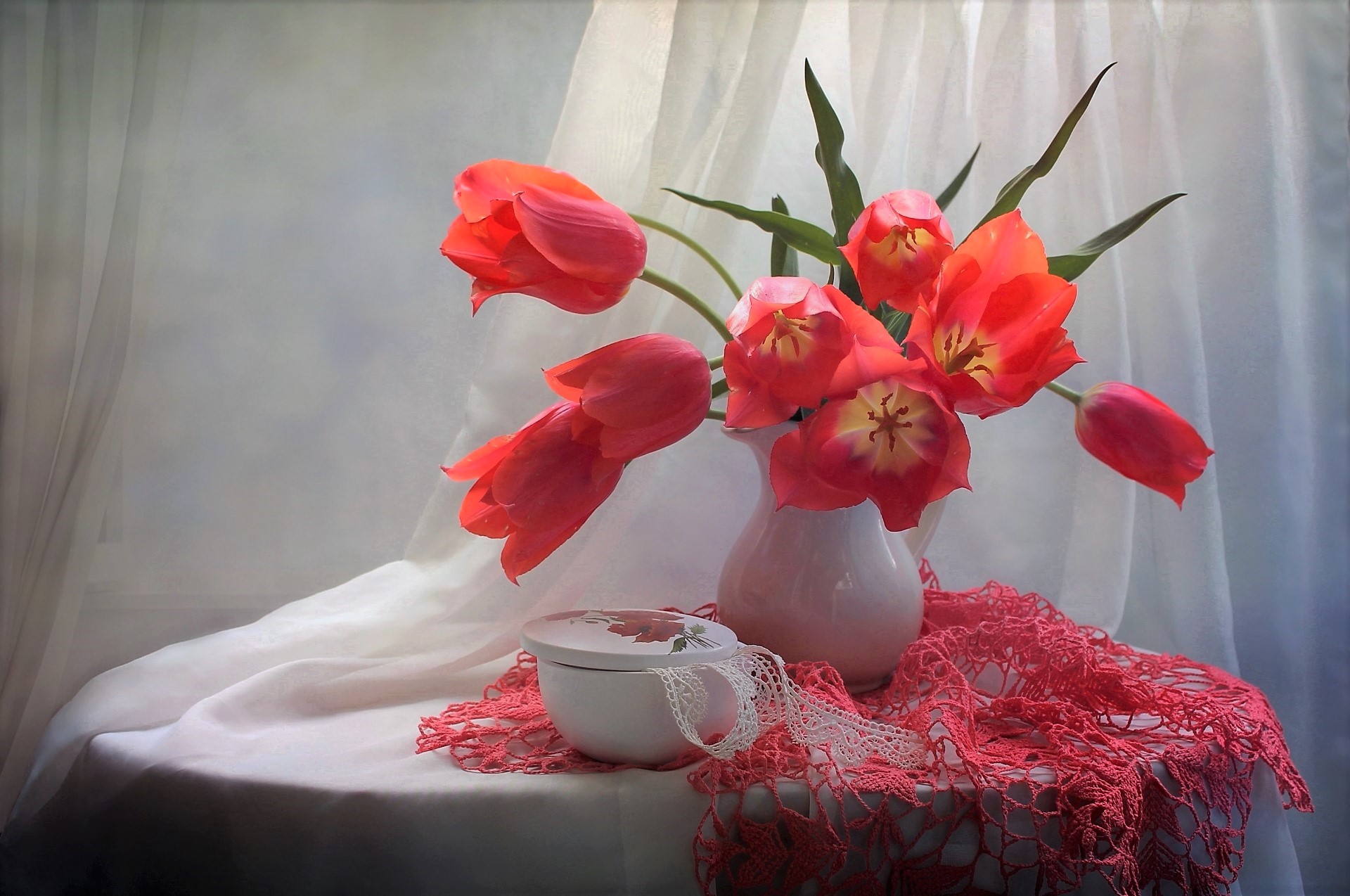 vertical wallpaper photography, still life, box, flower, orange flower, scarf, tulip, vase