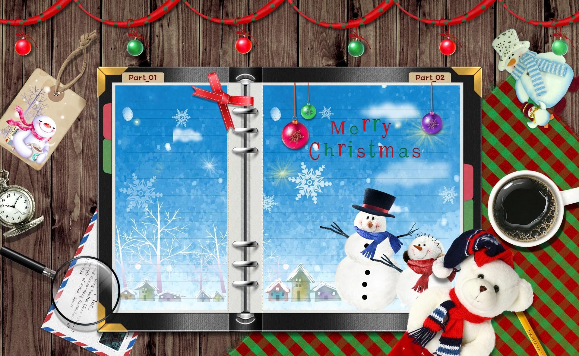 134464 Hintergrundbild herunterladen schneeflocken, feiertage, spielzeug, weihnachten, coffee, schneemann, urlaub, tisch, tabelle, notizbuch, editor - Bildschirmschoner und Bilder kostenlos
