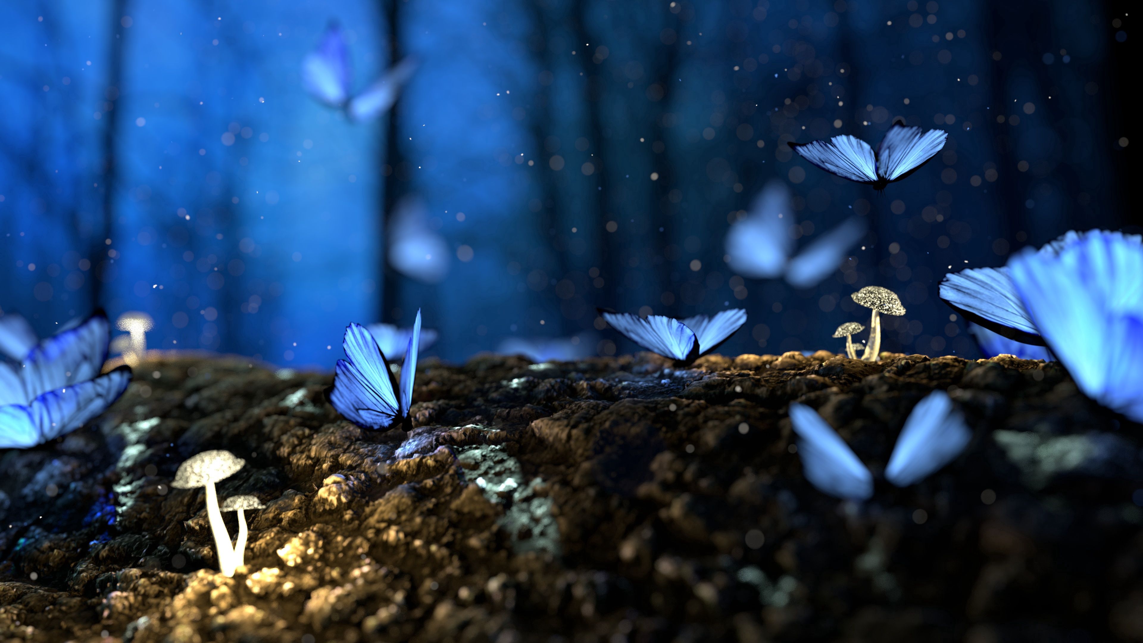 vertical wallpaper butterflies, blue, fantasy, mashrooms, macro, forest
