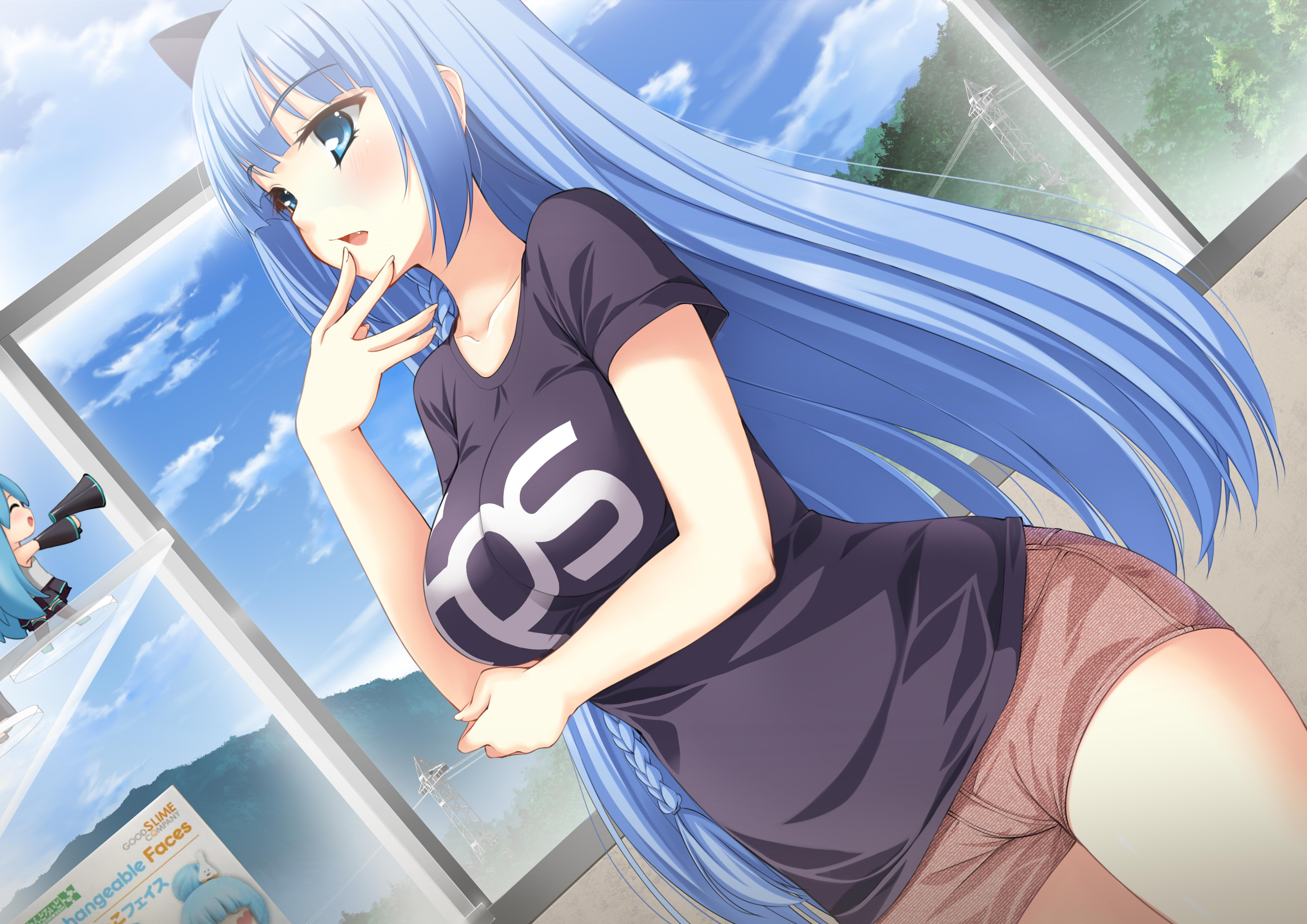 Download mobile wallpaper Anime, Shirt, Blue Eyes, Shorts, Original, Blush, Blue Hair, Long Hair for free.