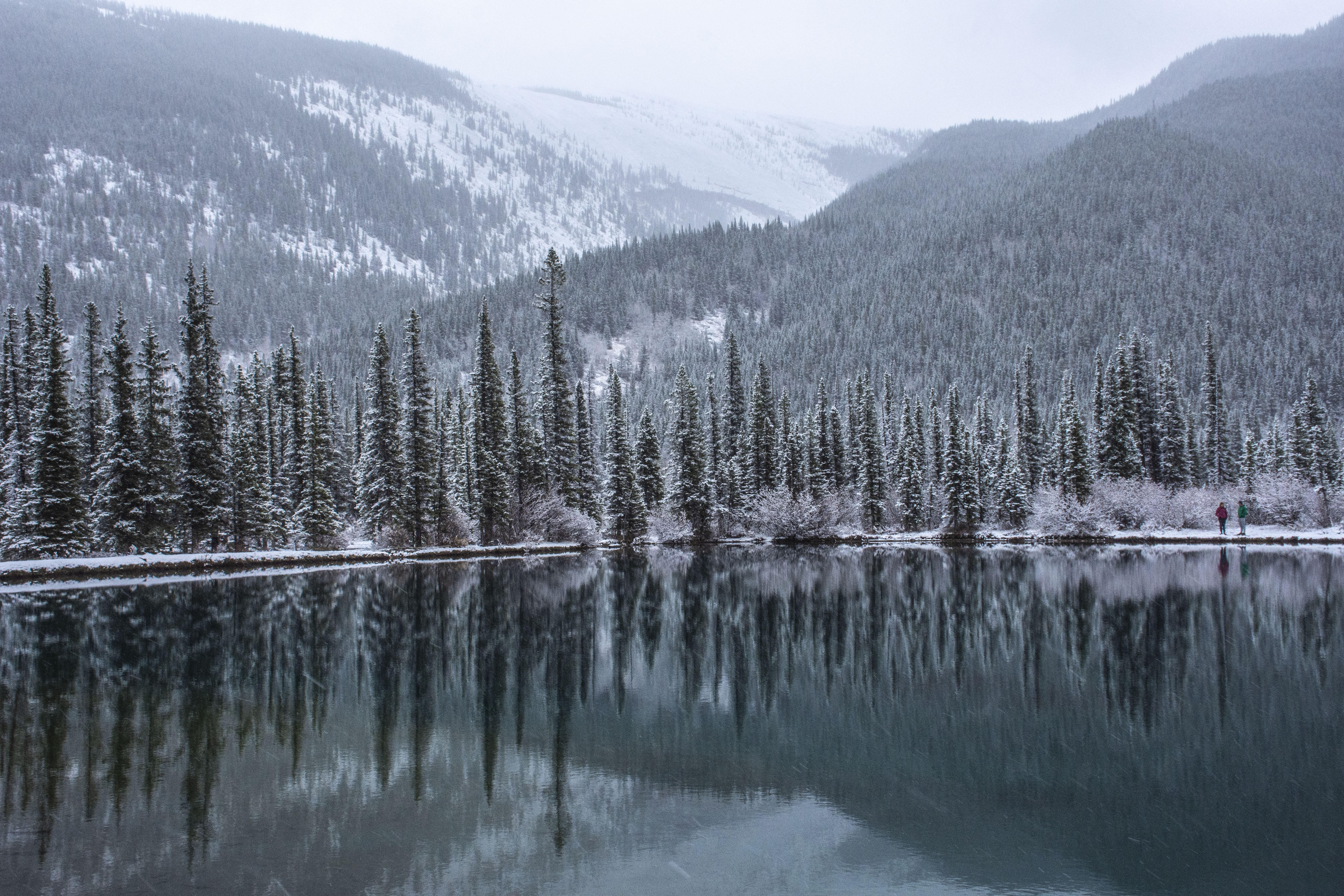 mountains, lake, landscape, nature, snow, forest Desktop Wallpaper