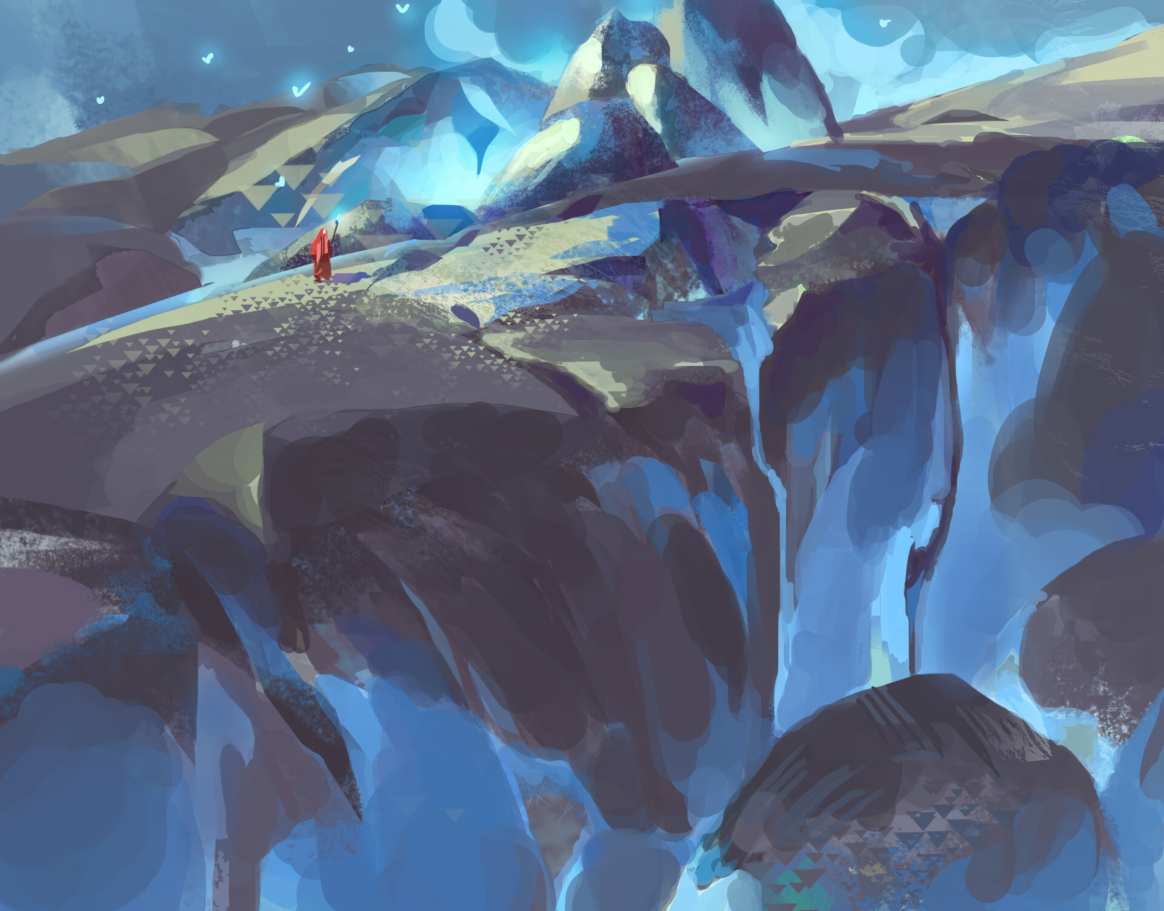 art, mountains, night, rocks, wanderer desktop HD wallpaper