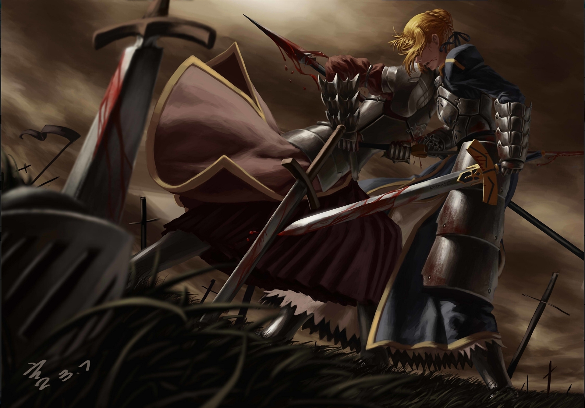 fate series, anime, fate/zero, blood, fate/stay night, grass, saber (fate series), spear, sword, weapon