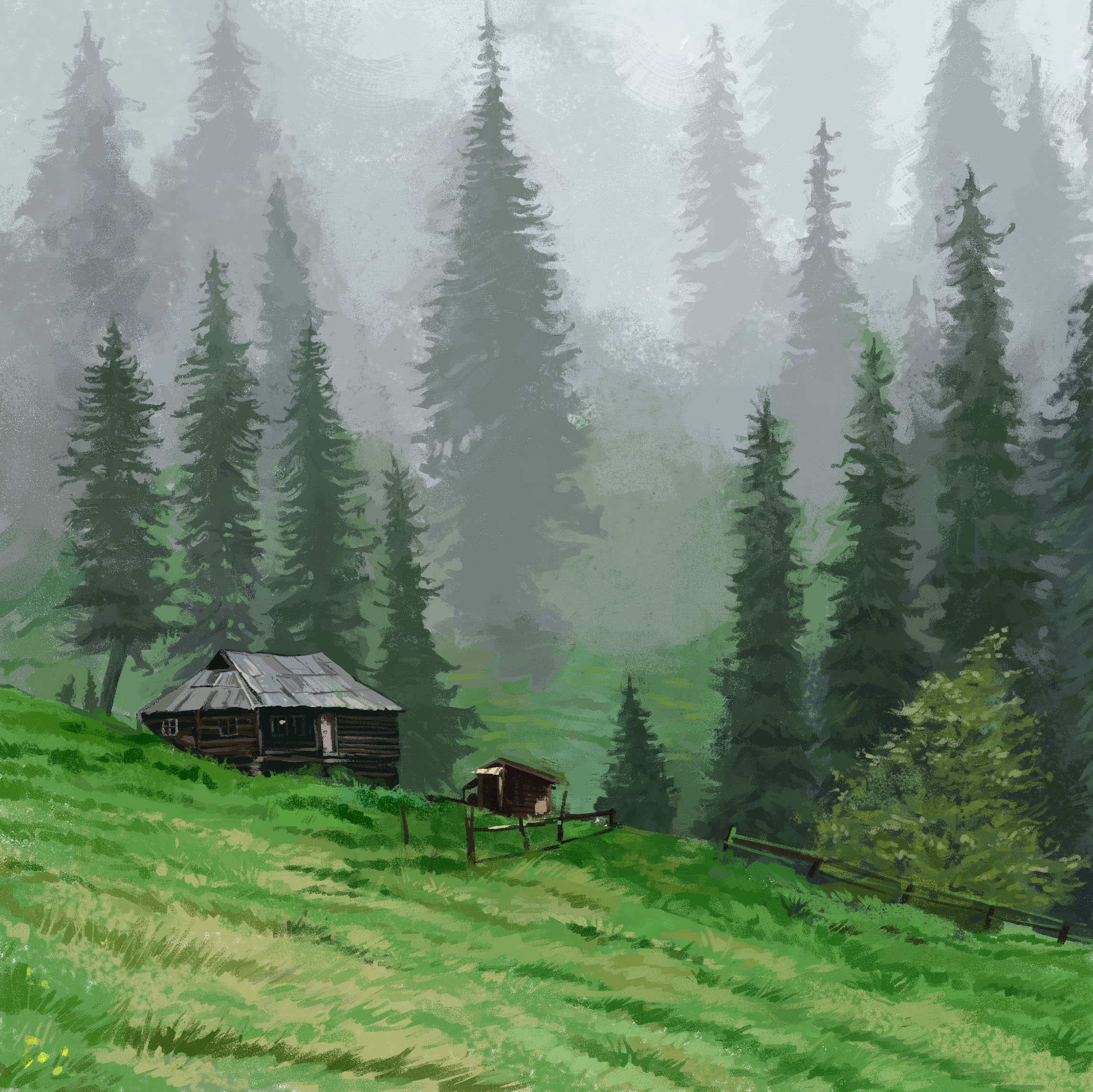 hut, trees, grass, art lock screen backgrounds