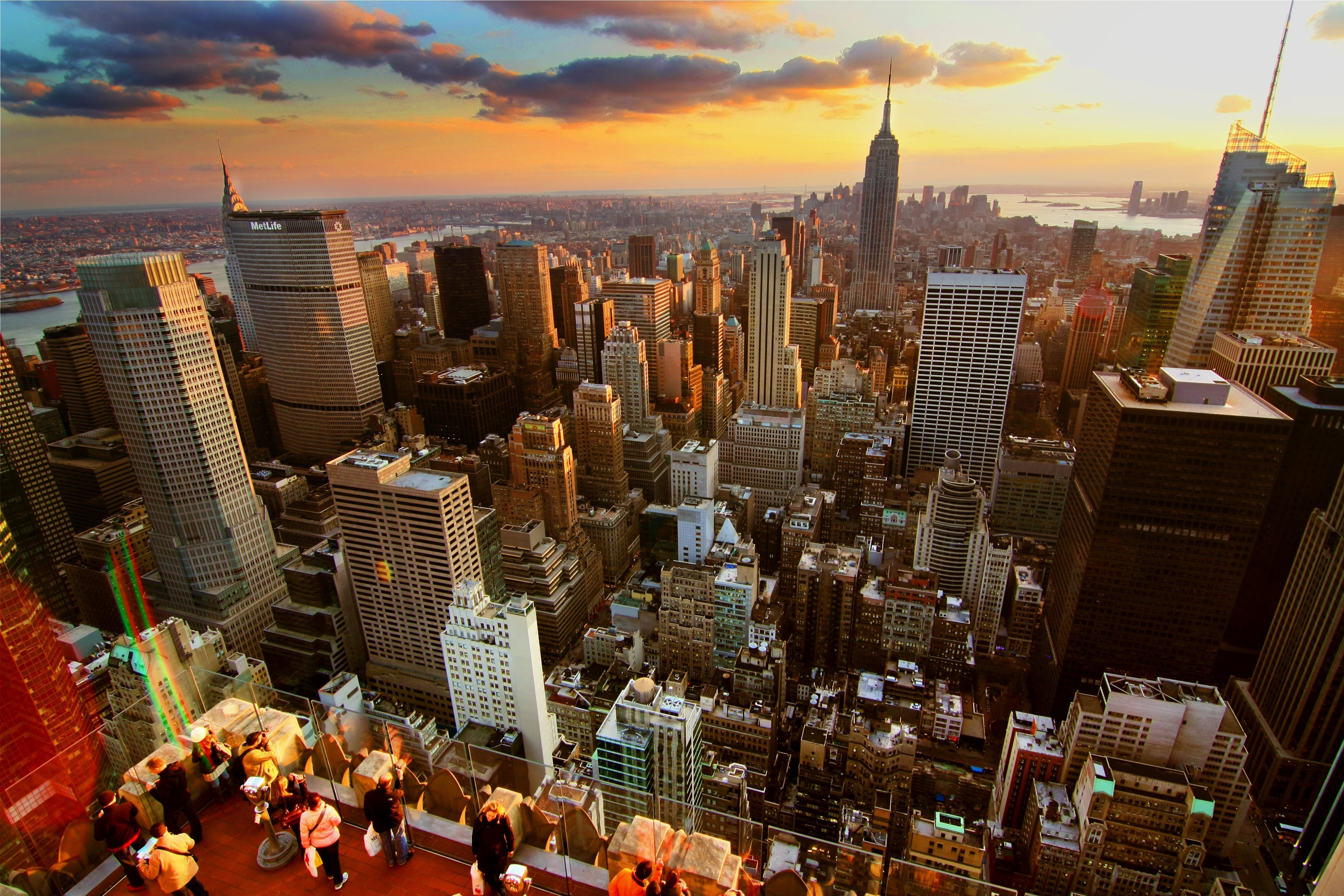 skyscrapers, roof, houses, cities, sunset, new york, roofs