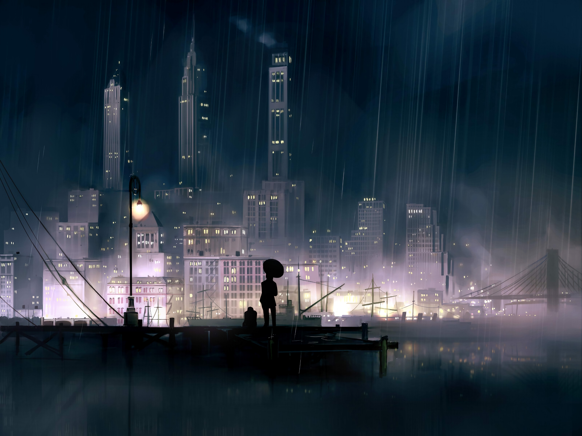anime, original, city, wharf HD wallpaper